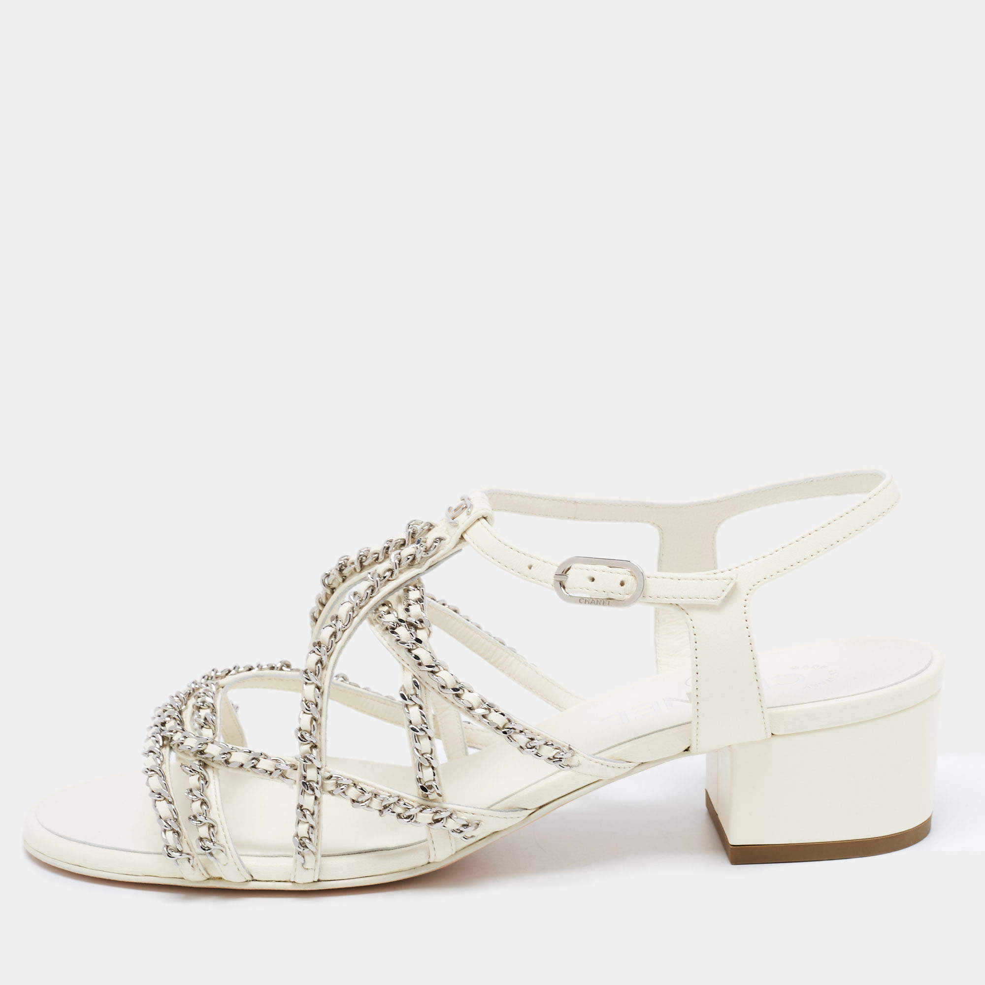 Pre Owned Chanel White Leather Chain Sandals Size 39.5 