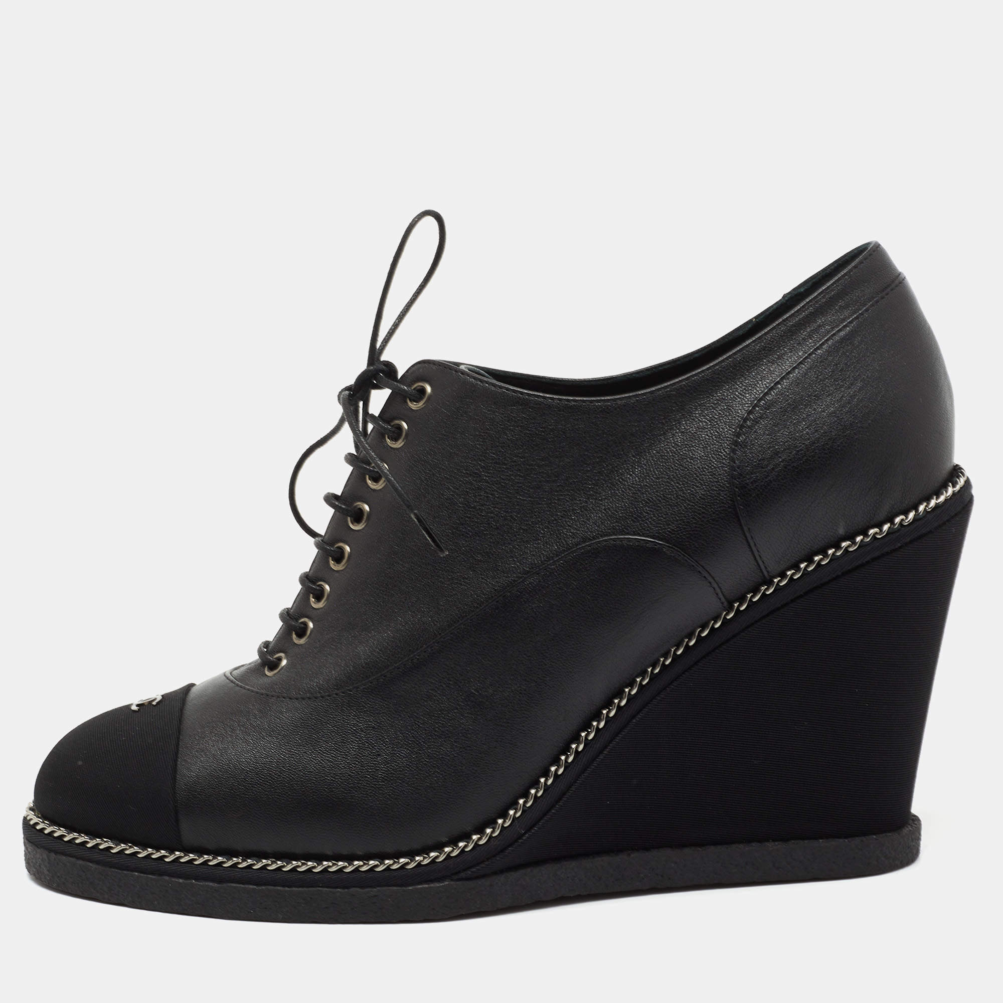 Chanel Black Leather and CC Fabric Cap Toe Chain Wedge Ankle Boots Size 39.5