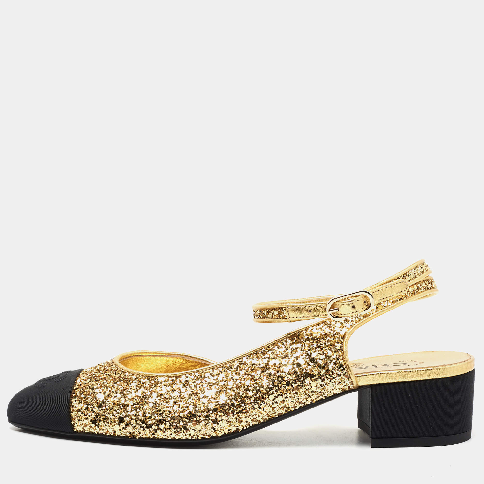 Chanel Gold/Black Coarse Glitter and Fabric CC Cap Toe Slingback Pumps Size  39