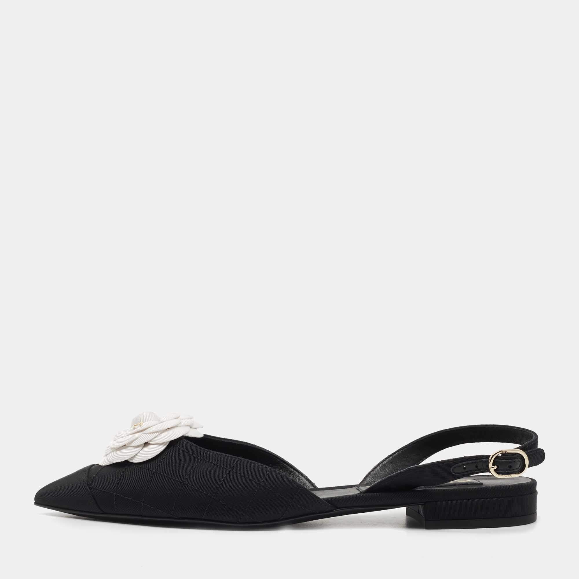Chanel Black Quilted Canvas CC Camelia Slingback Flats Size 39