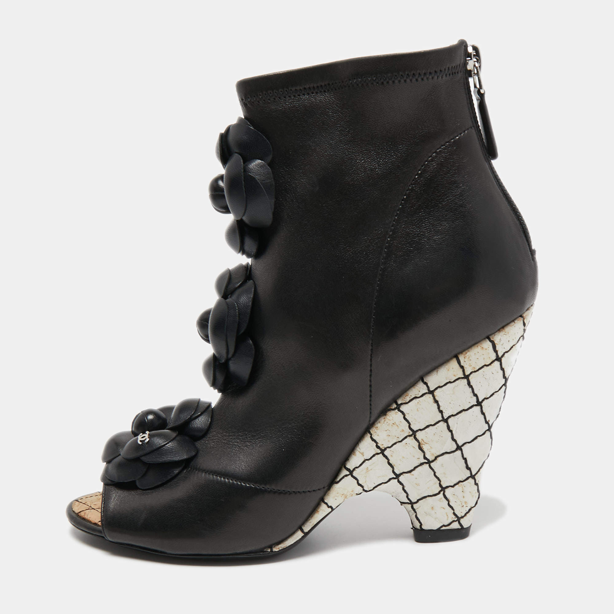 Chanel Black Leather Camellia Ankle Boots Size  Chanel | TLC