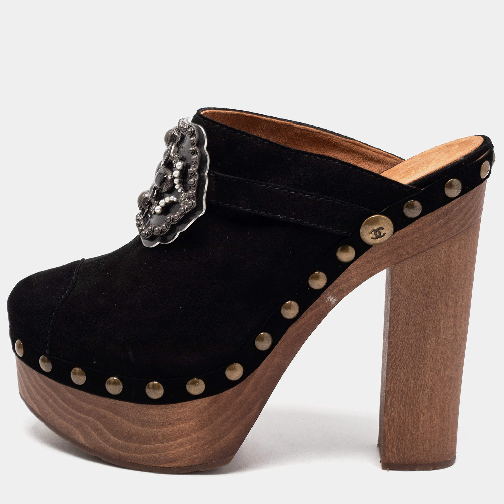 Chanel Black Suede Embellished Wooden Clogs Size 40 Chanel | TLC