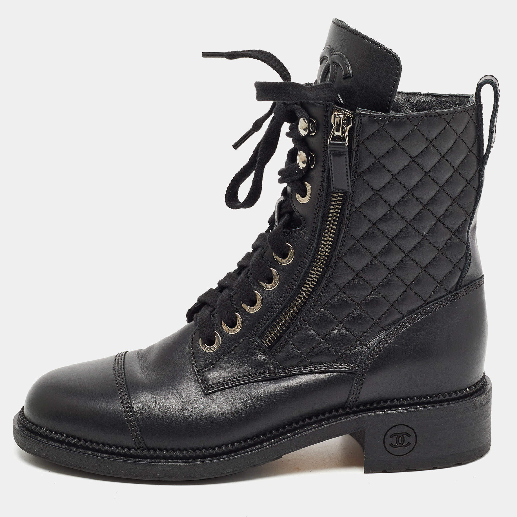 Chanel Black Leather Interlocking CC Logo Combat Boots Size 38 Chanel | TLC