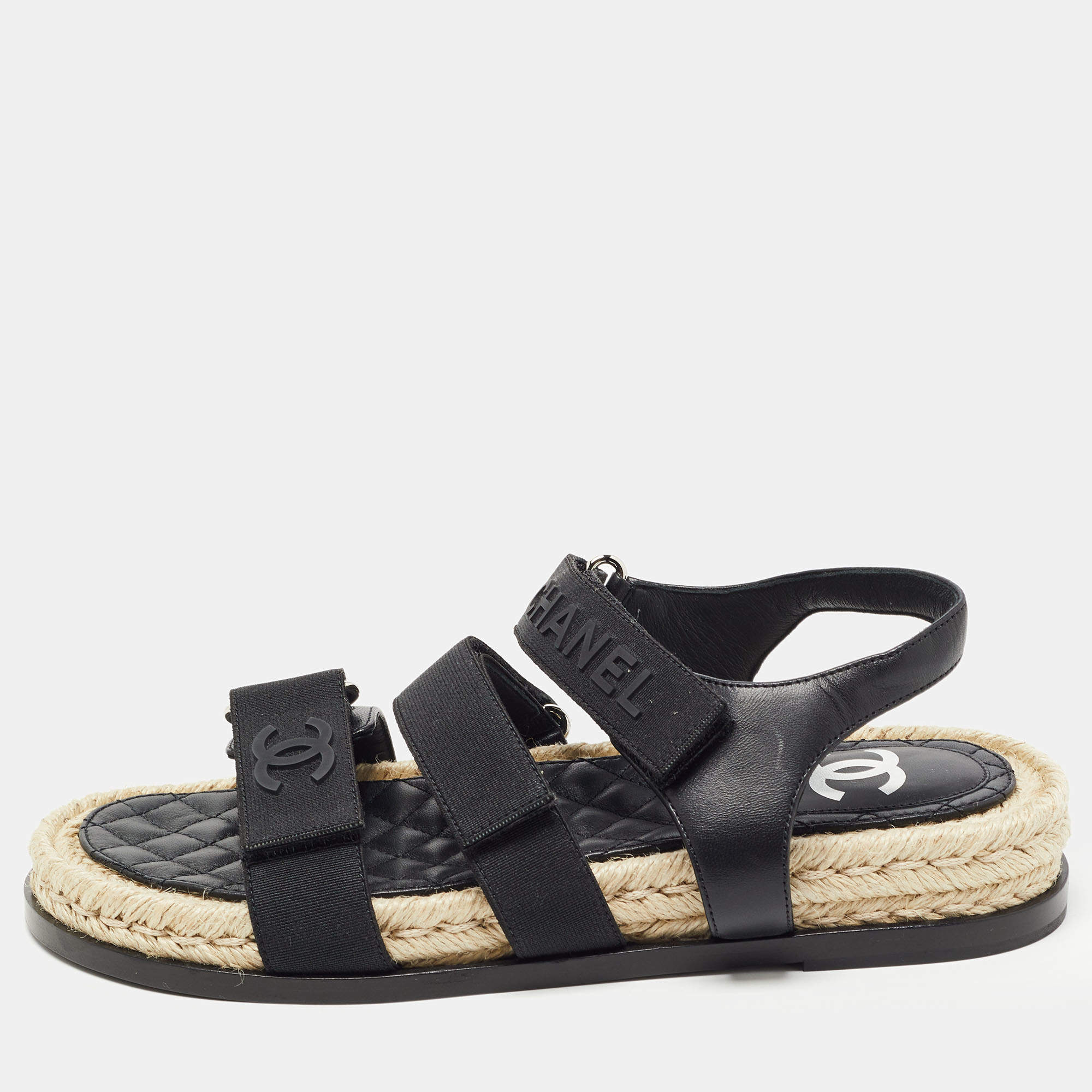 Chanel Black Leather and Canvas Dad Slingback Sandals Size 38