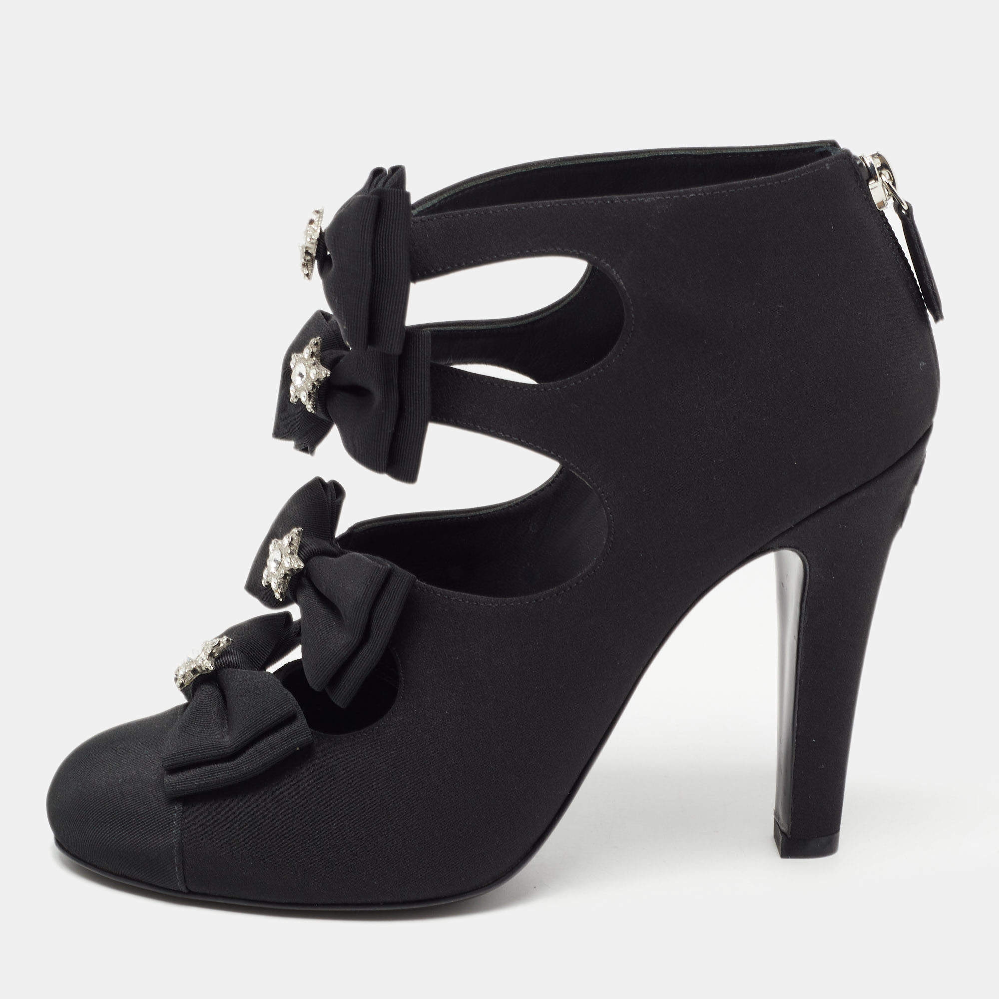 Chanel Black Canvas Cutout Bow Ankle Boots Size 38