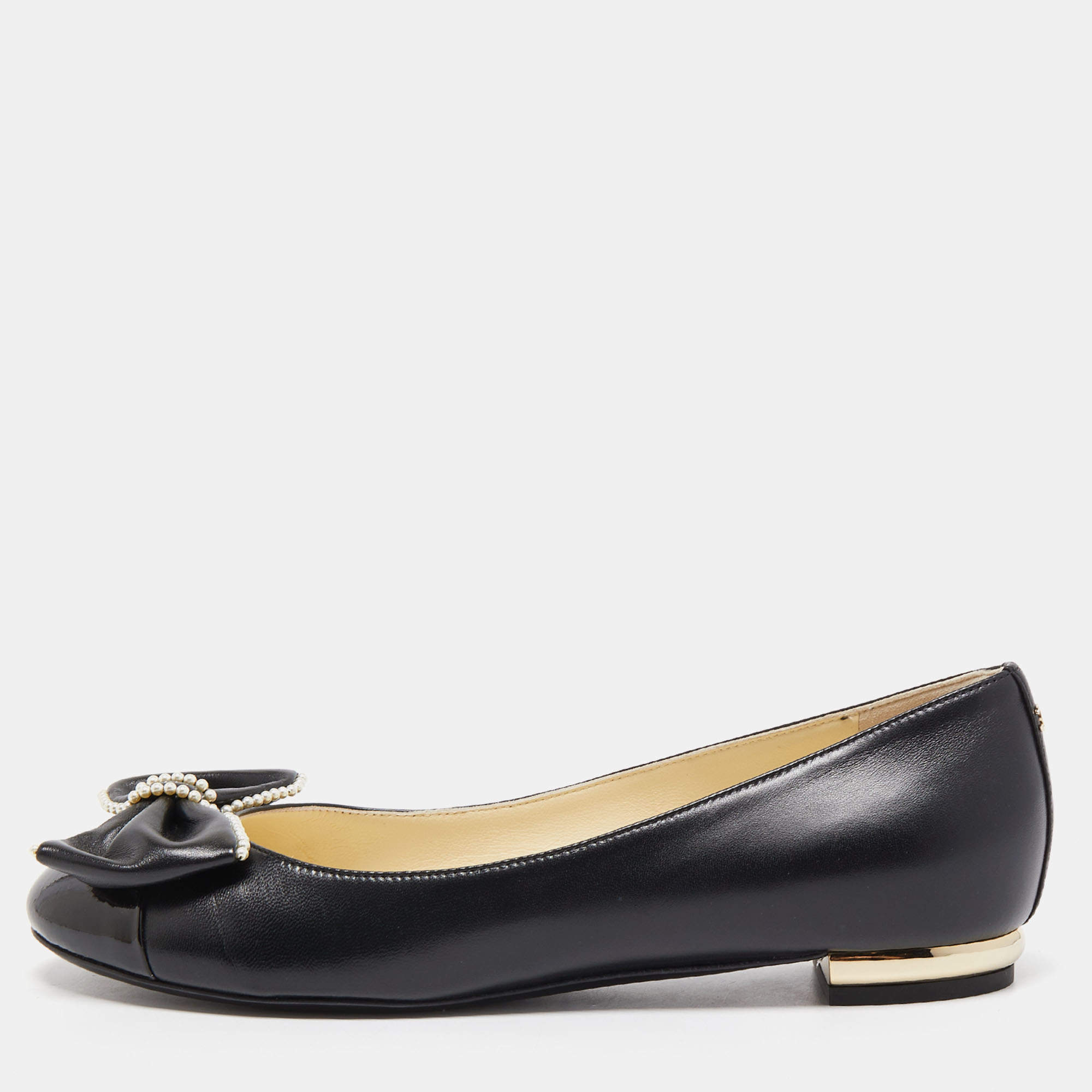 Pre Owned Chanel Black Leather Pearl Embellished Bow CC Cap Toe Ballet Flats Size 37