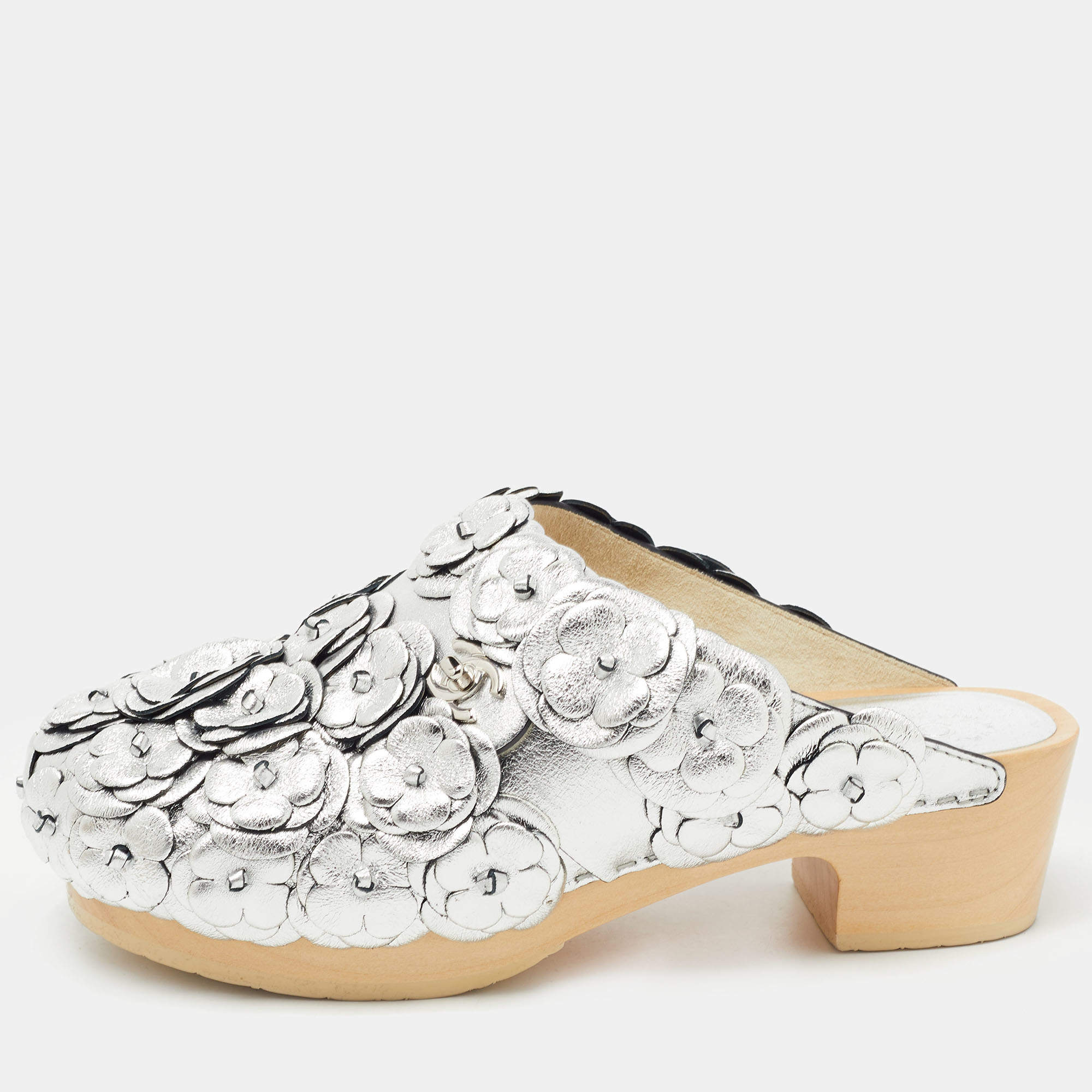 Chanel Silver Leather Camellia Embellished CC Lock Wooden Clogs Size 37  Chanel | TLC