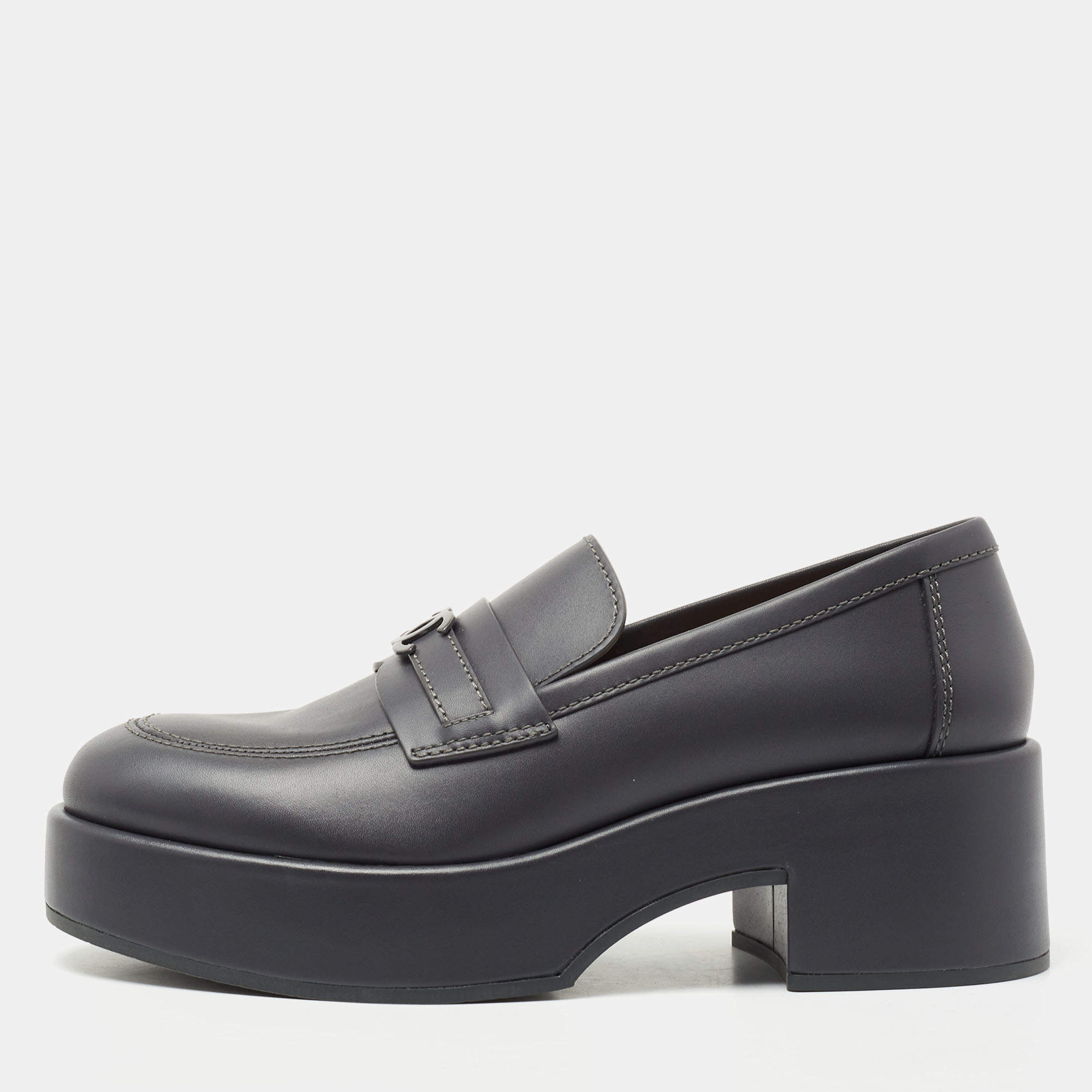 Chanel Dark Grey Leather CC Platform Loafers Size 39.5