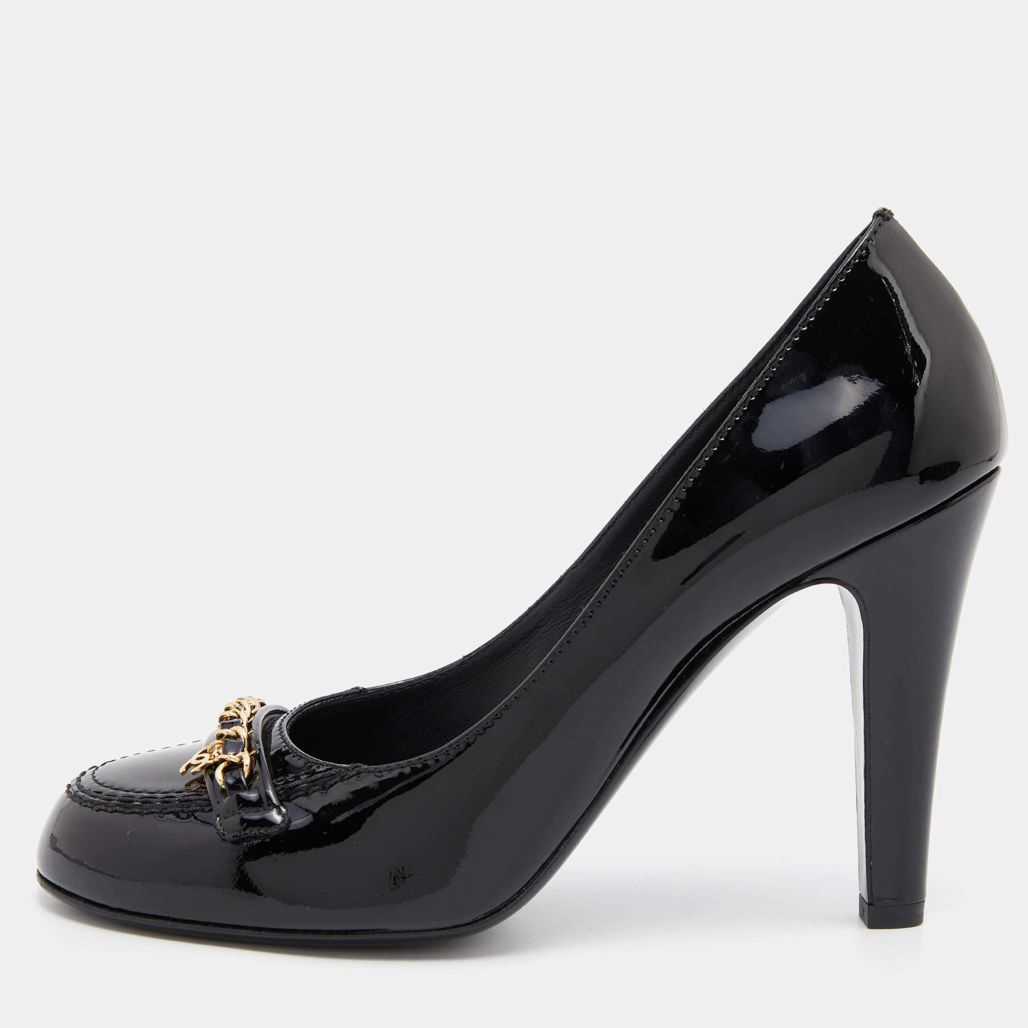 Chanel Black Patent Leather Chain Detail Cap Toe Pumps Size 39