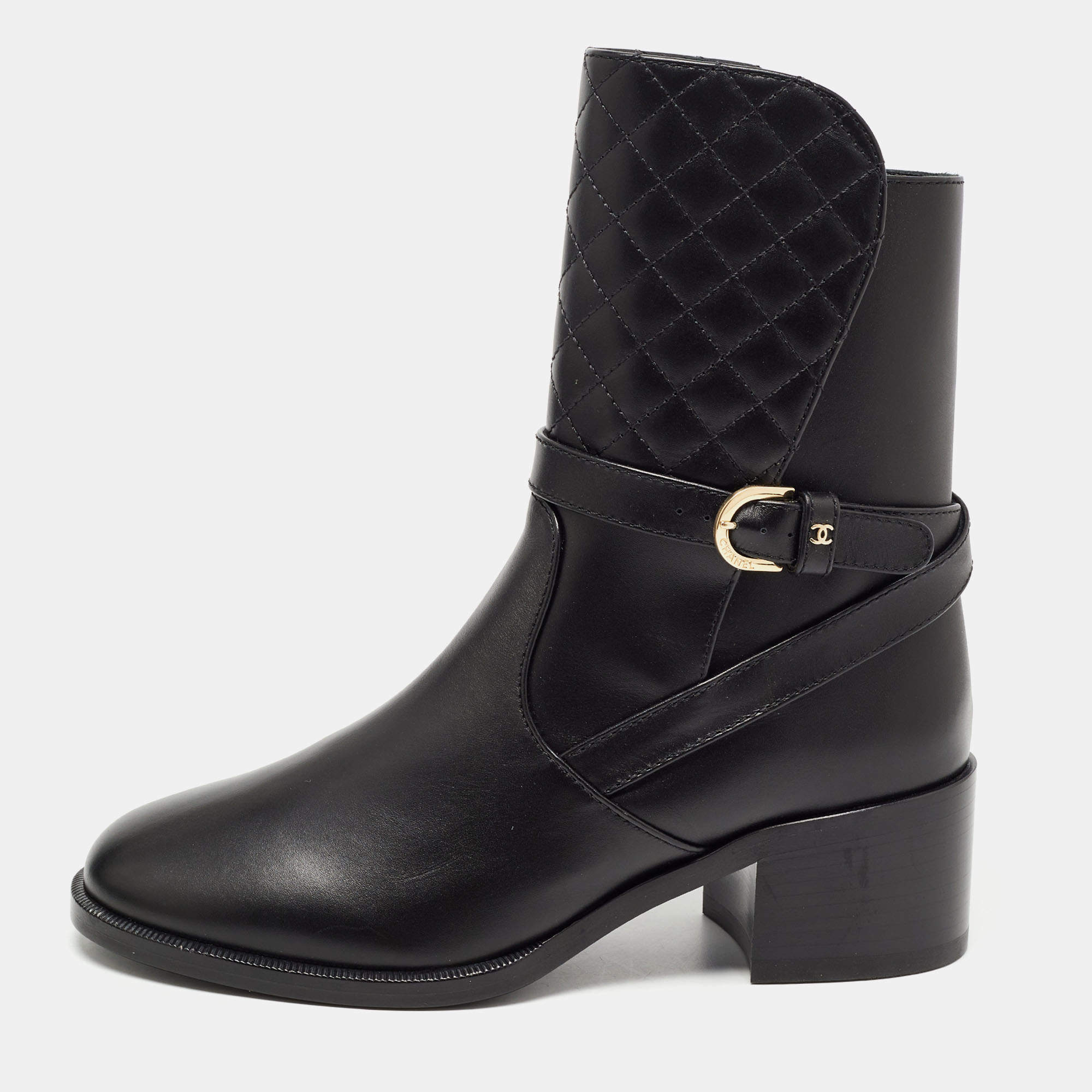 Chanel Black Quilted and Leather CC Ankle Boots Size 37.5