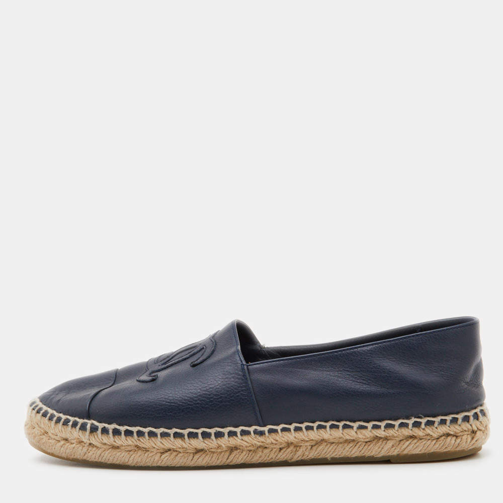 Chanel Navy Blue Leather CC Espadrille Flats Size 40