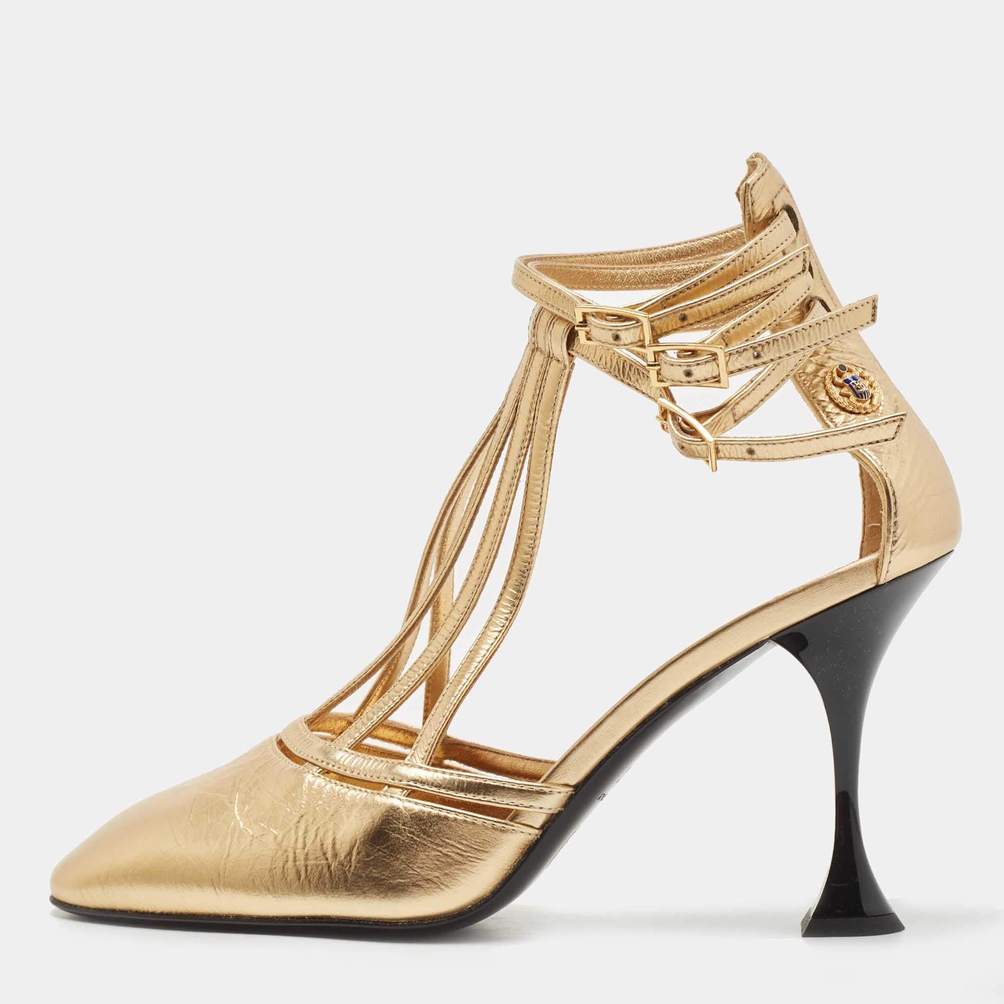 Pre Owned Chanel Gold Leather Strappy Pumps Size 38