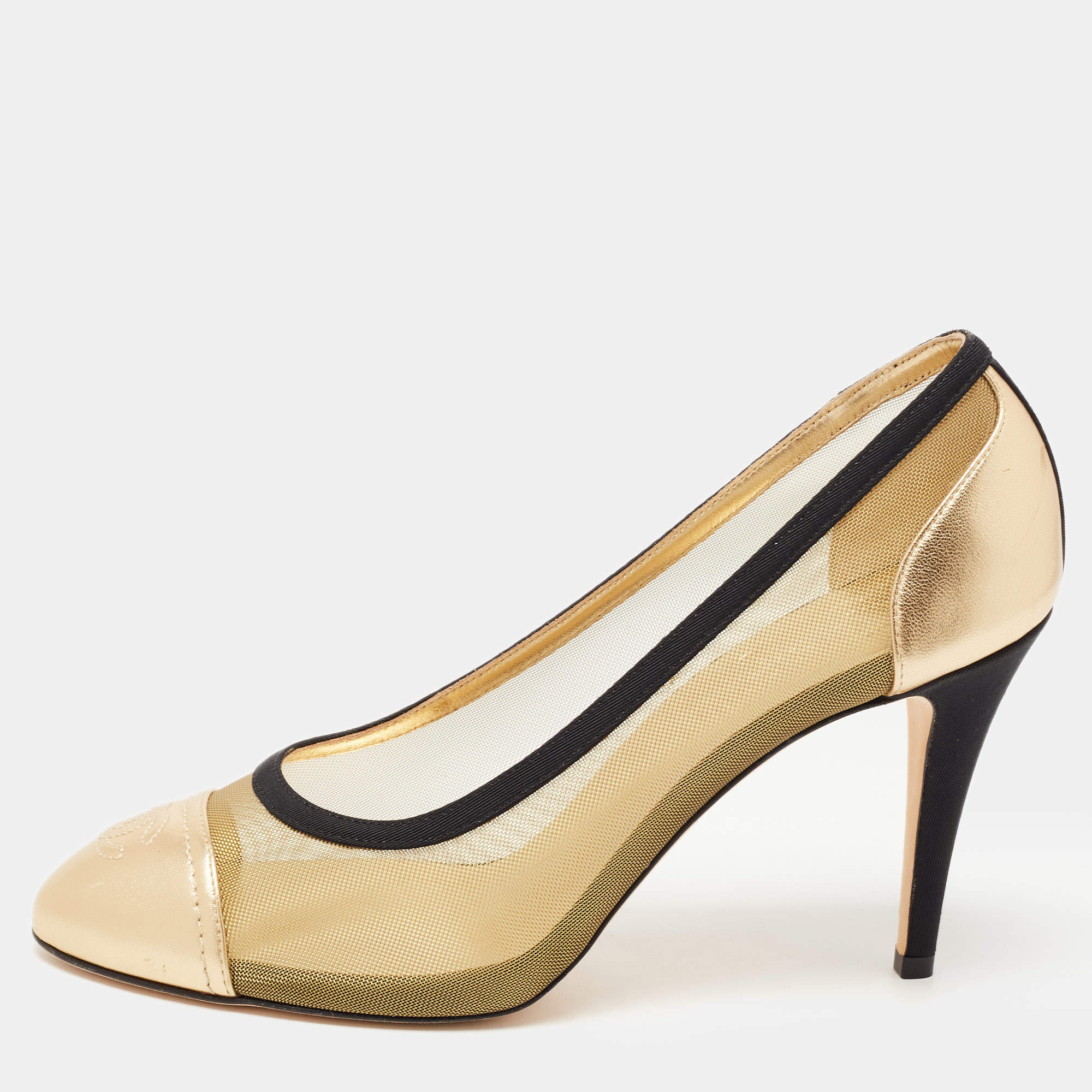 Pre Owned Chanel Gold/Black Leather And Mesh CC Cap Toe Pumps Size 40