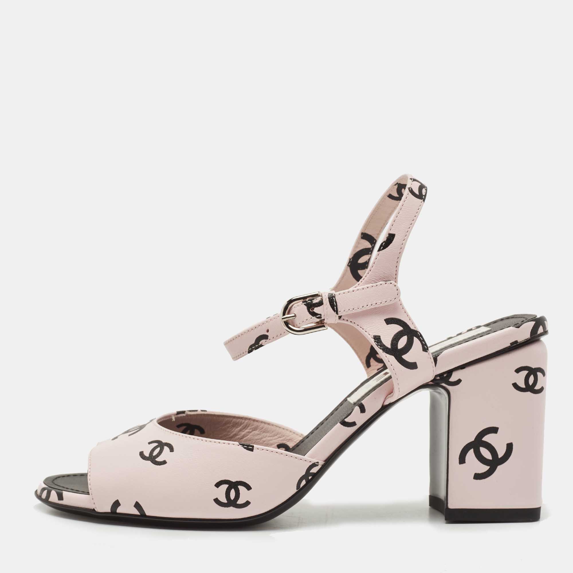 Chanel Pink/Black CC Print Leather Ankle Strap Sandals Size 37