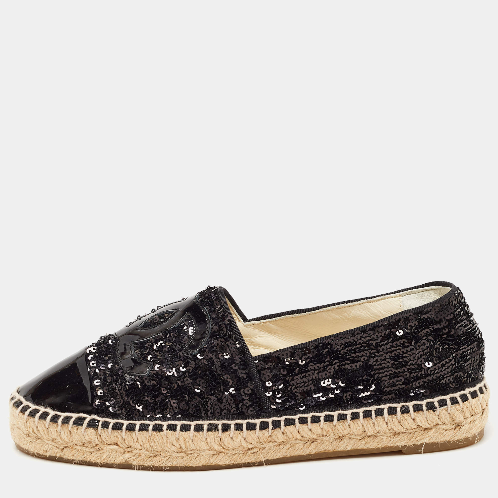 Chanel Black Patent And Sequin CC Cap Toe Espadrille Flats Size 39