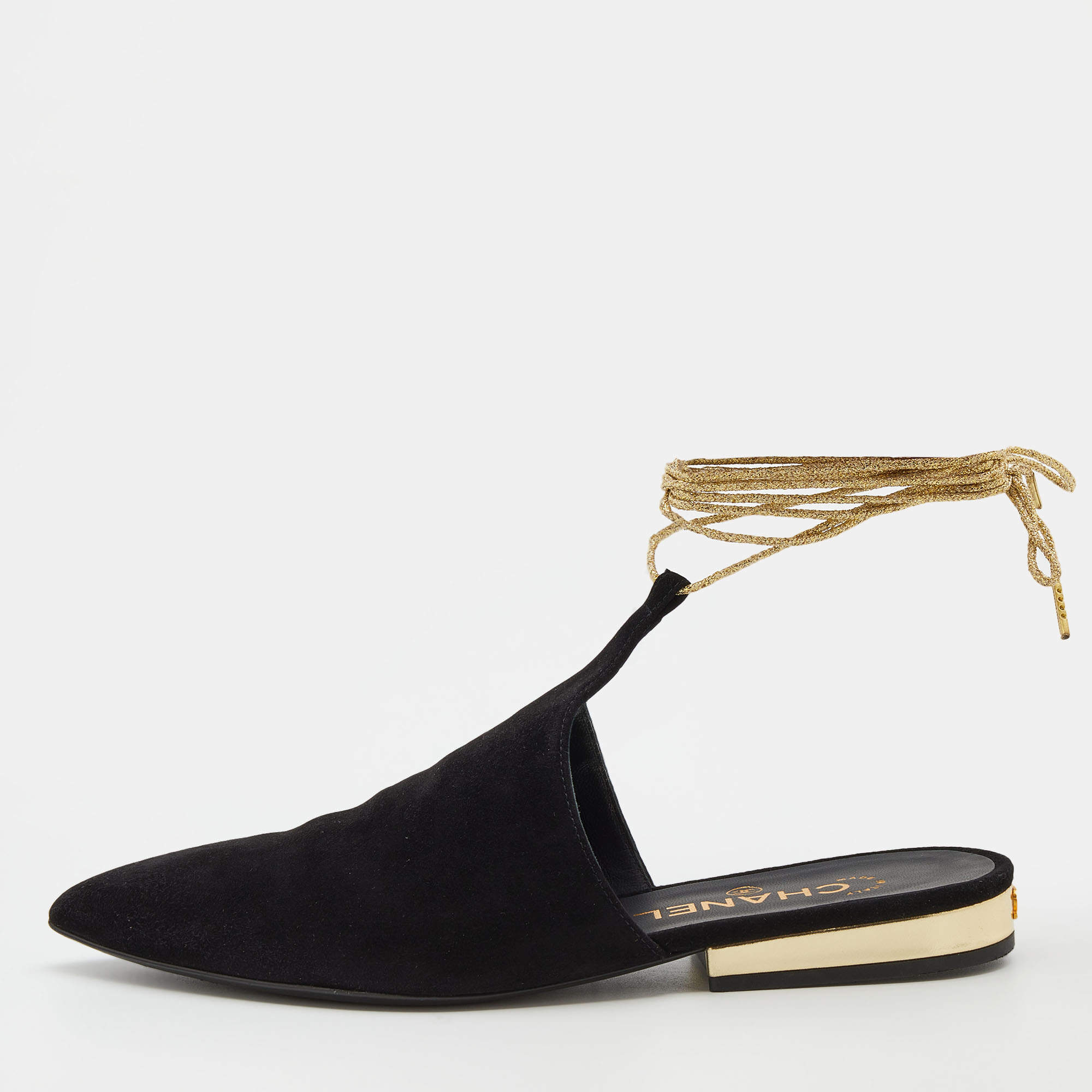 Pre Owned Chanel Black Suede Ankle Tie Flat Mules Size 37