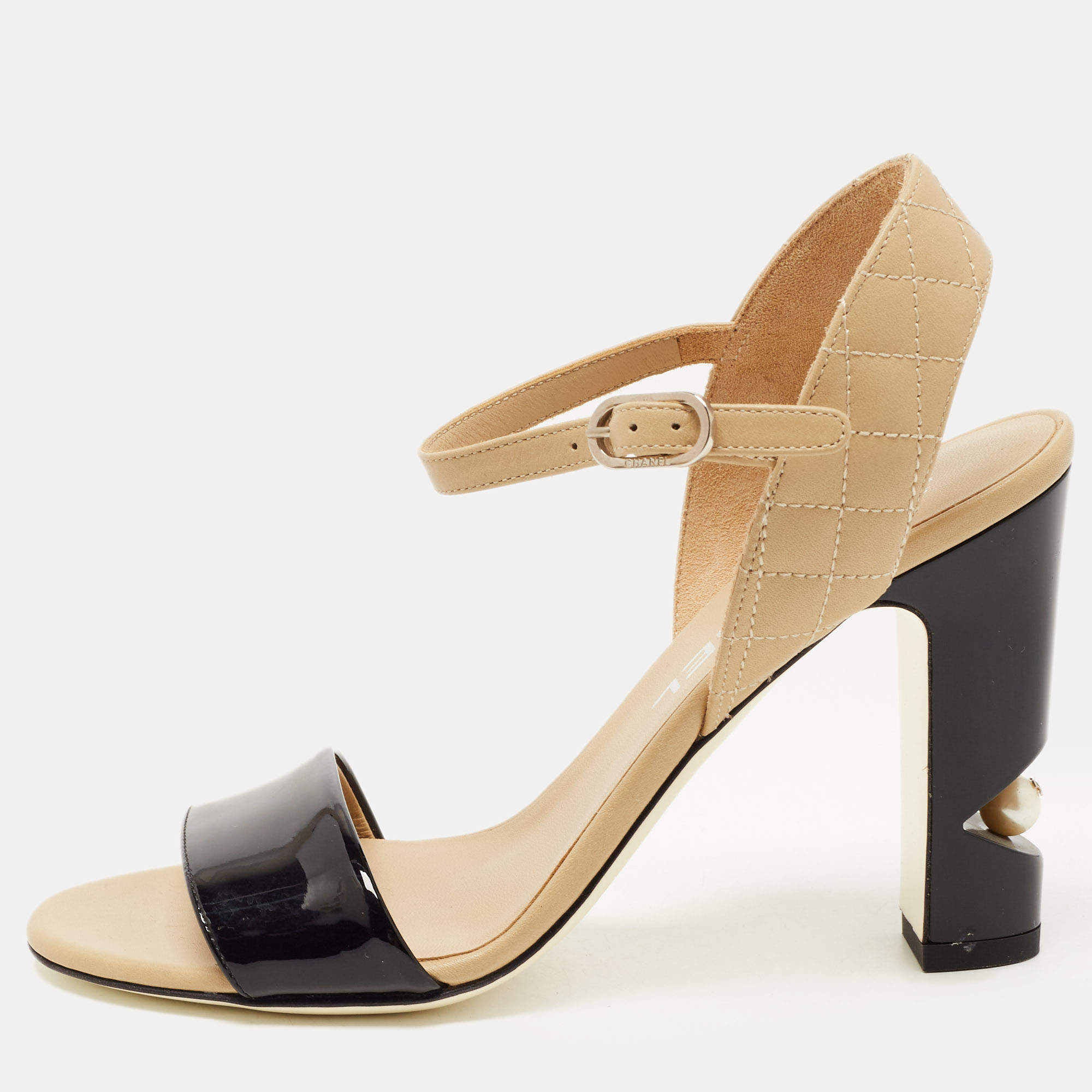 Chanel Beige/Black Leather Ankle Strap Sandals Size 35