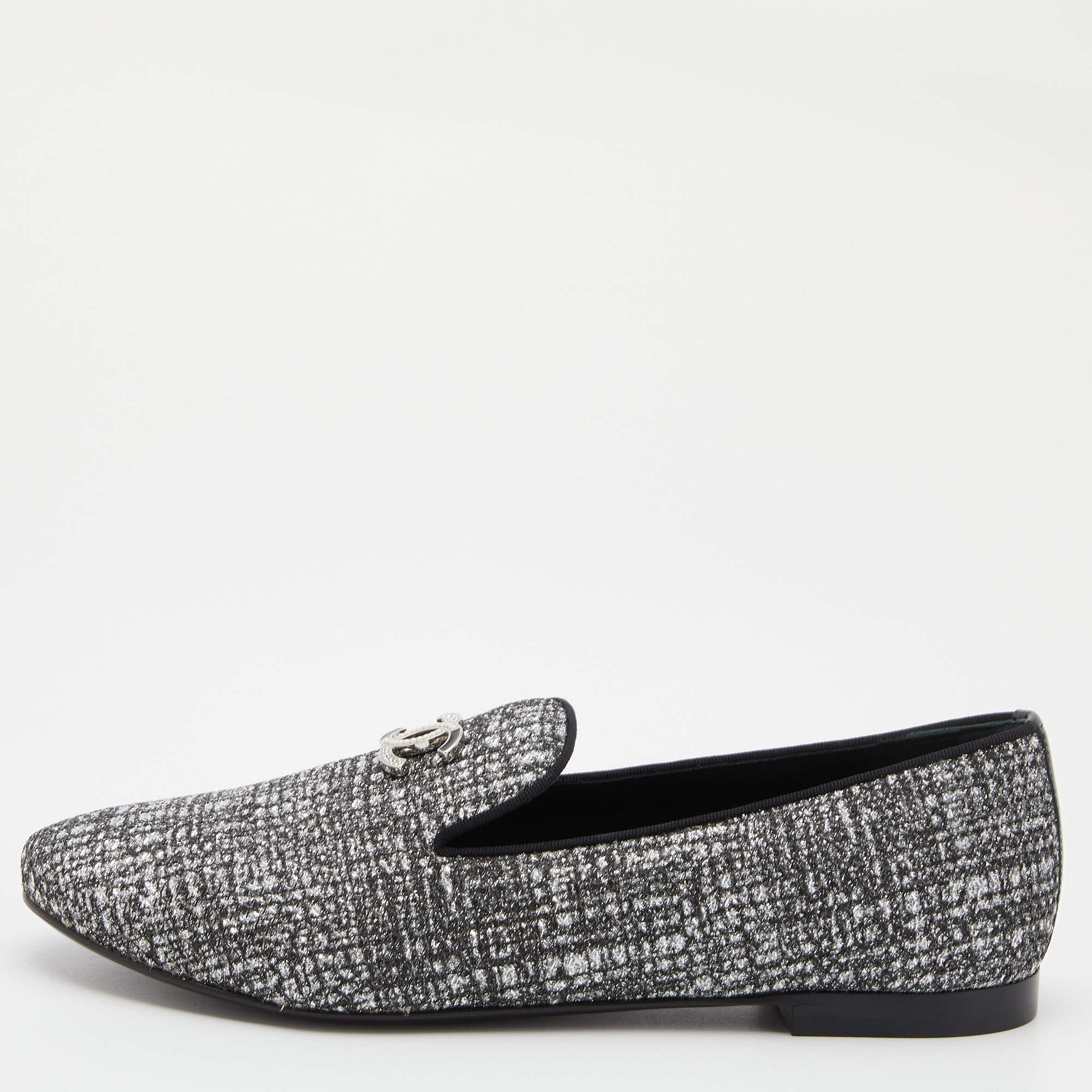 Pre Owned Chanel Silver Glitter CC Logo Smoking Slippers Size 39