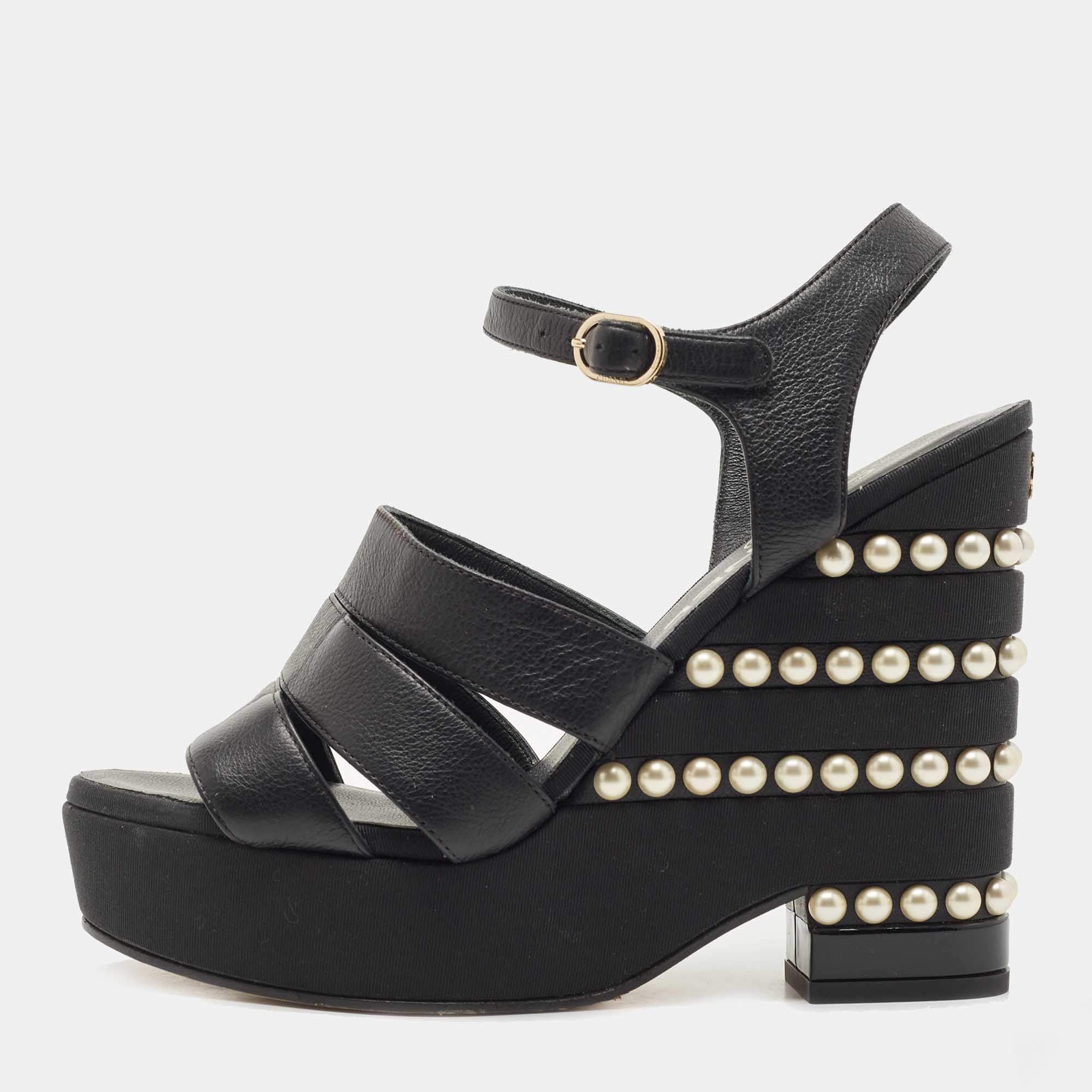 Pre Owned Chanel Black Leather CC Faux Pearl Wedge Strappy Sandals Size 37