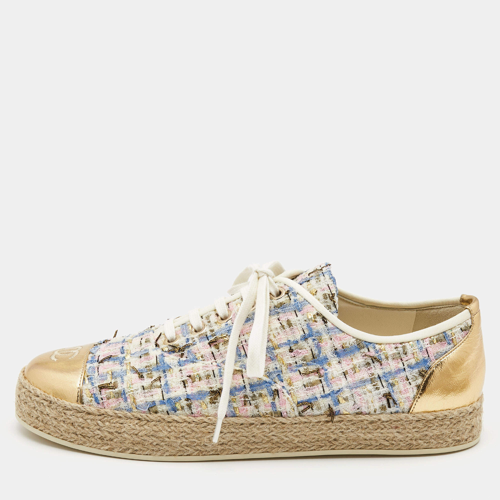Chanel Fabric and Foil Leather CC Cap Toe Low Top Sneakers Size 41