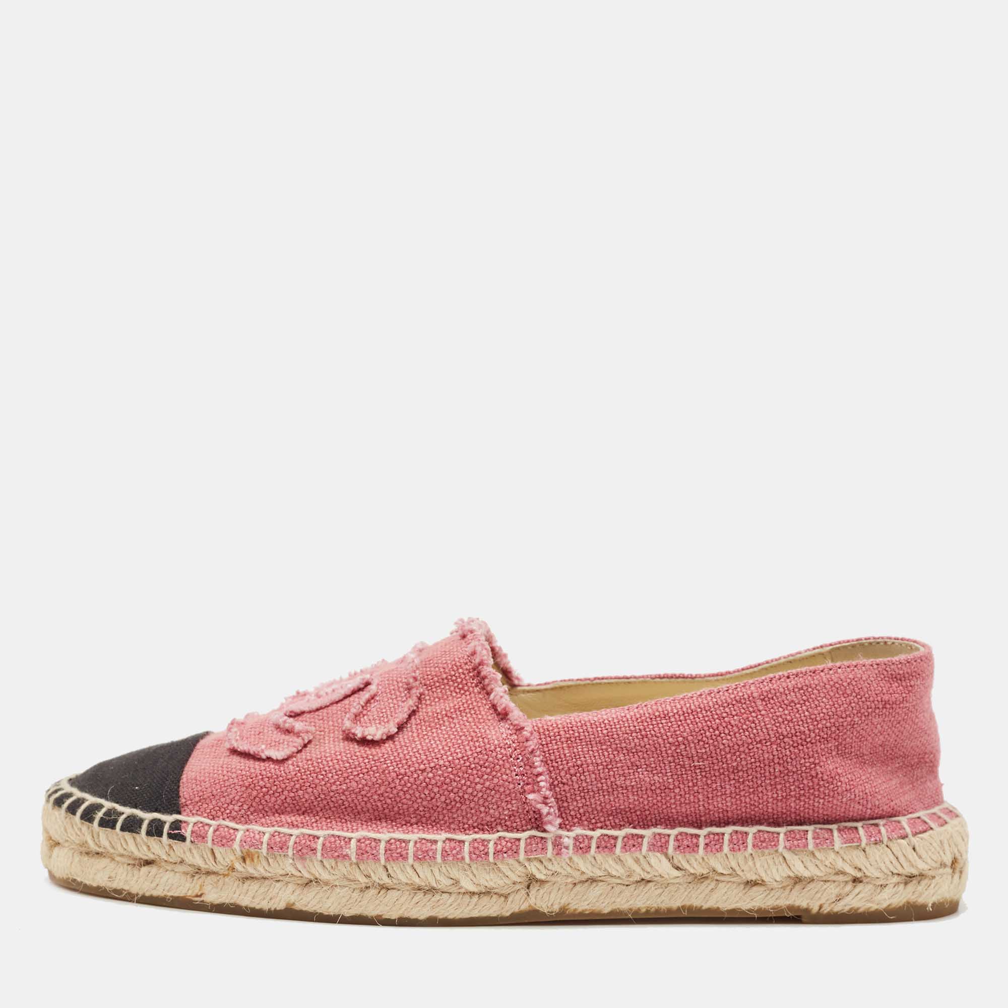 Pre Owned Chanel Pink/Black Canvas CC Cap Toe  Espadrille Flats Size 41