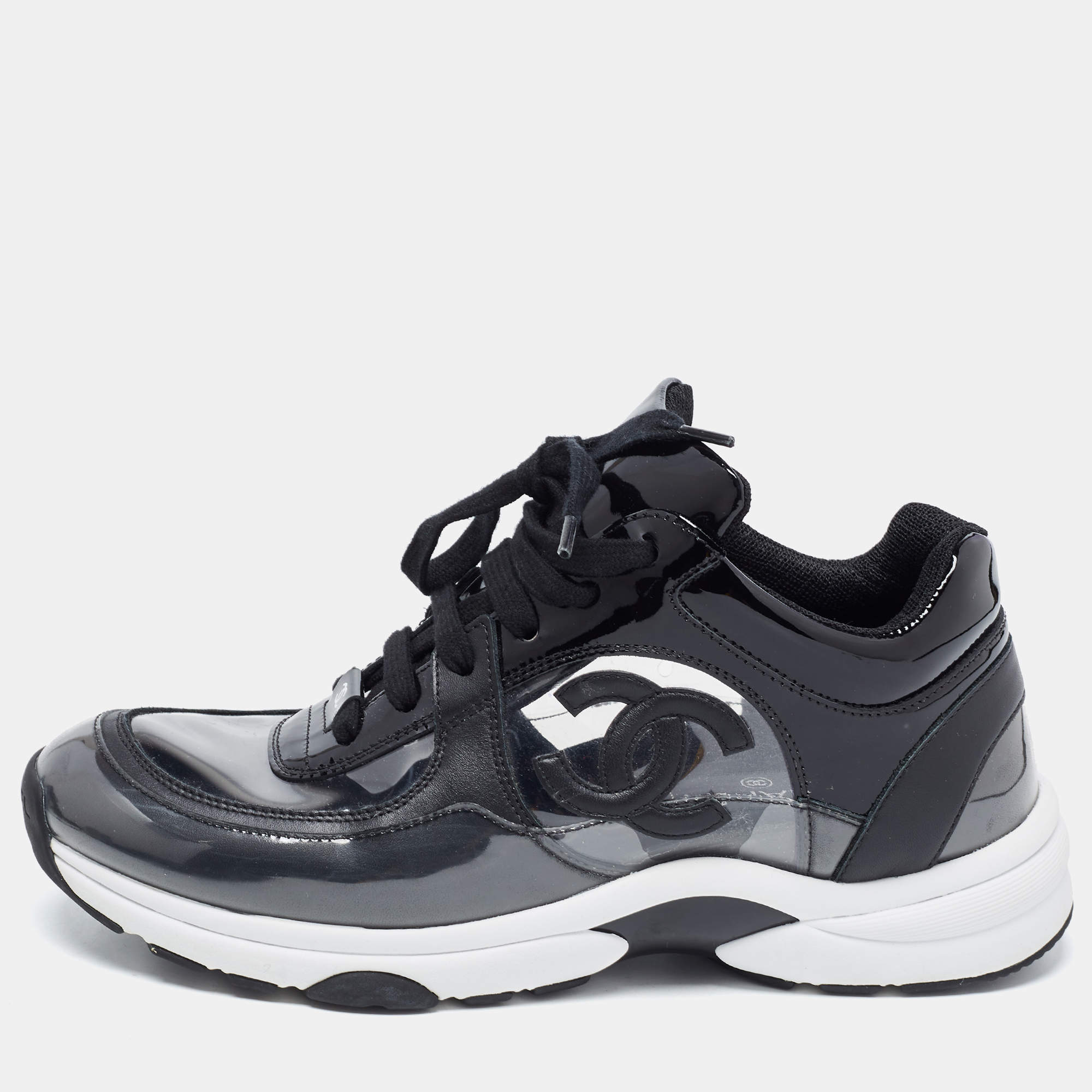 Pre Owned Chanel Black Patent Leather and PVC CC Low Top Sneakers Size 37.5