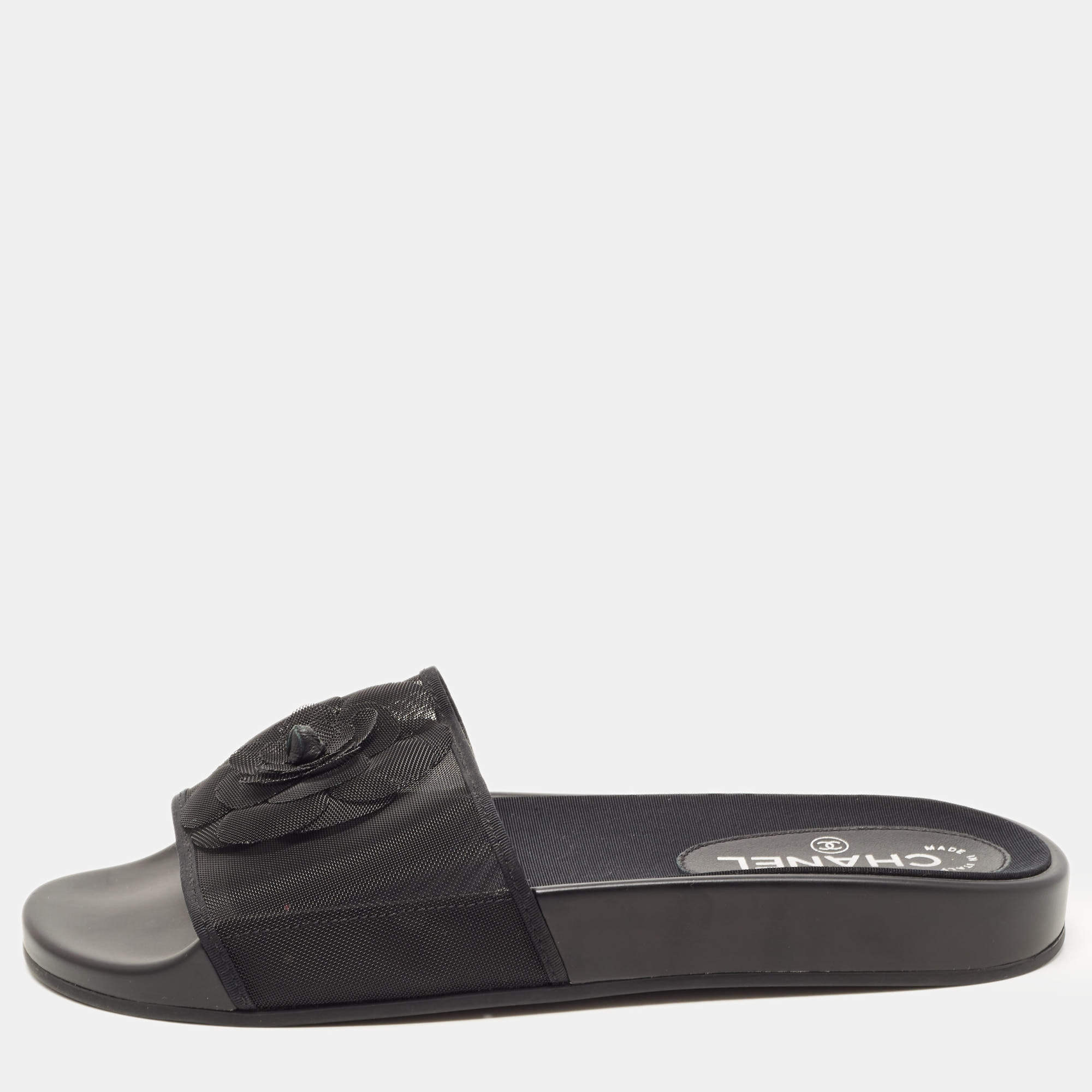 Chanel Black Mesh Camellia Slide Flat Sandals Size 40