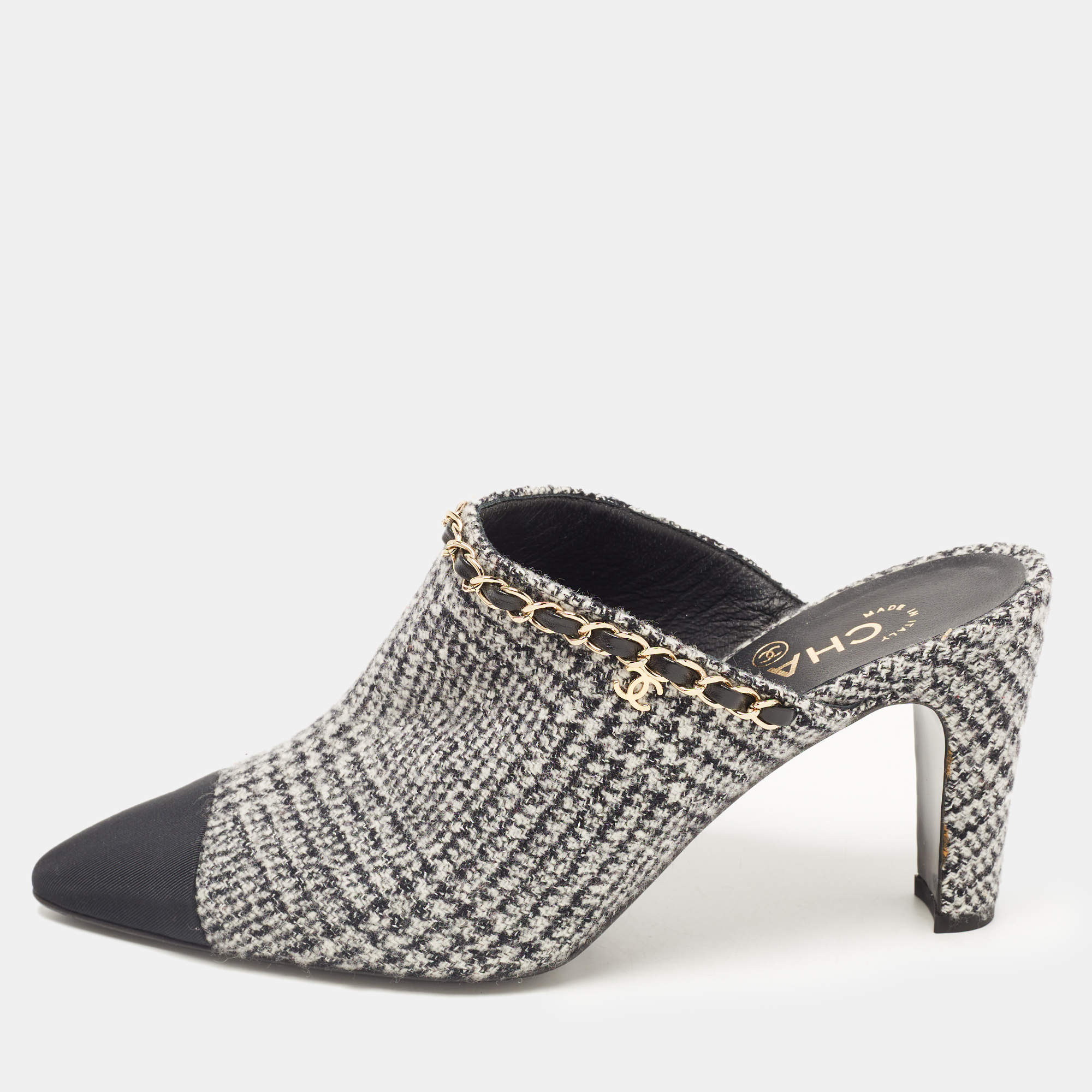 Chanel Grey/Black Wool and Canvas CC Chain Link Mules Size 38.5