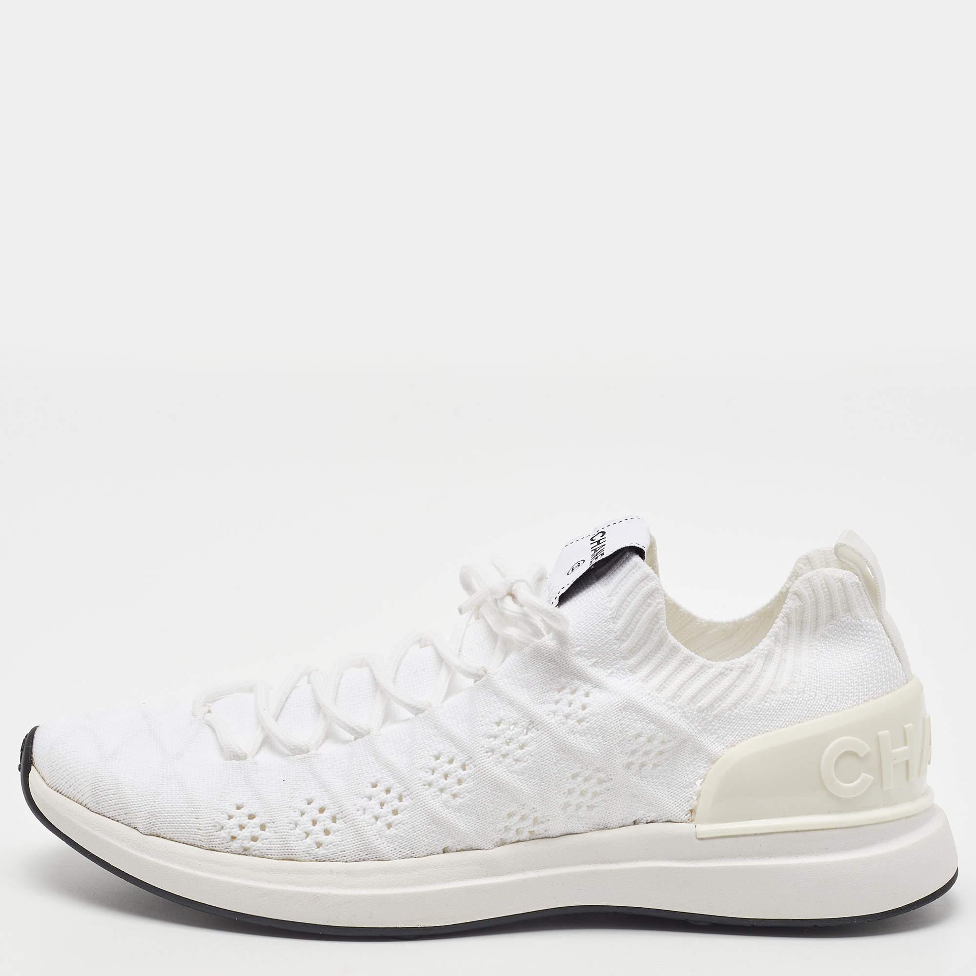 Pre Owned Chanel White Knit Fabric Lace Up Sneakers Size 42