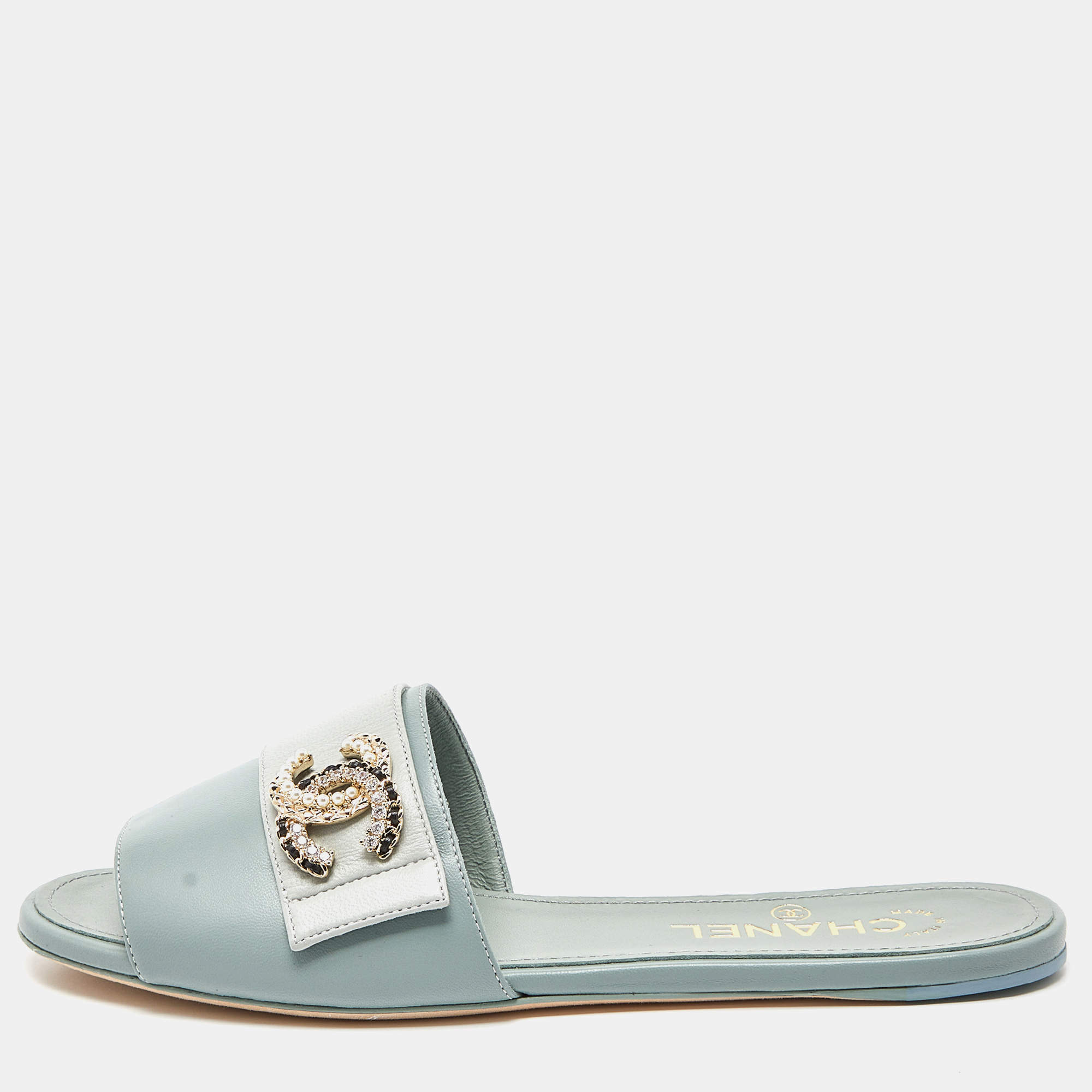 Chanel Pale Green Leather Crystal/Pearl Embellished CC Logo Flat