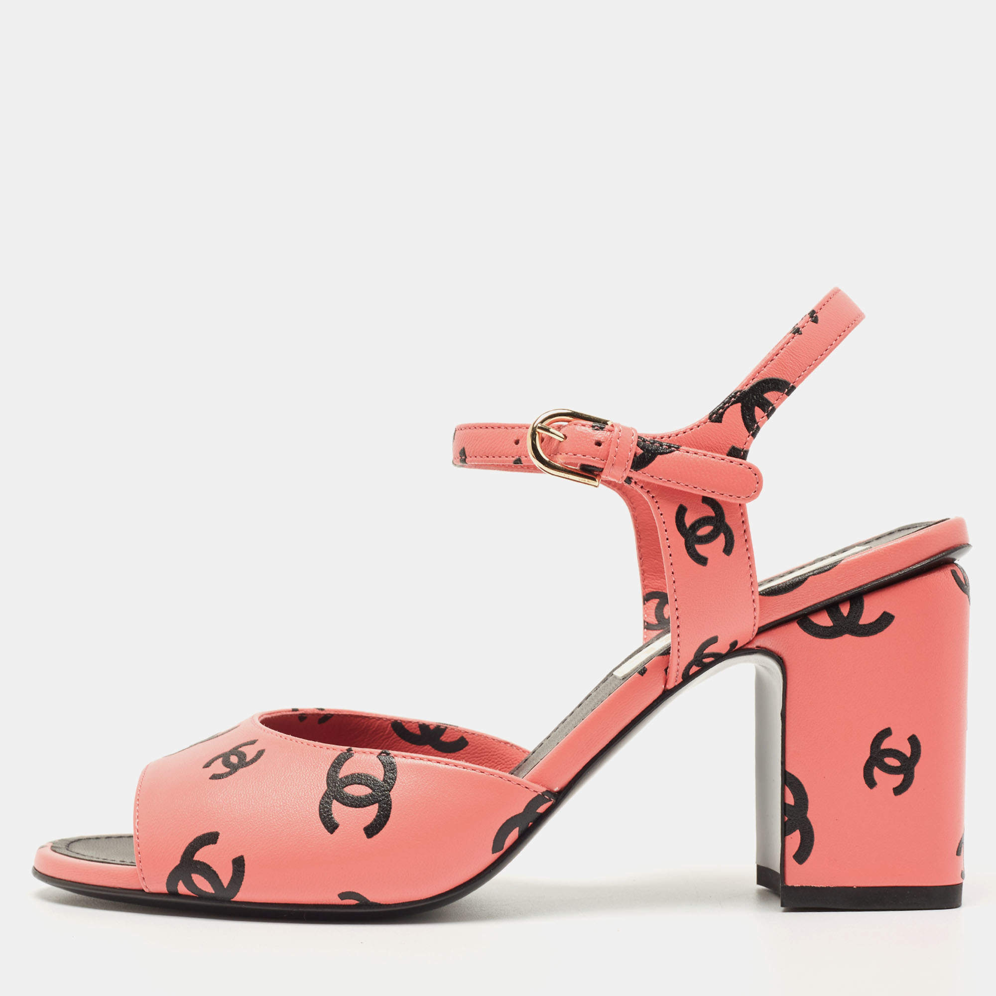 Chanel Pink/Black CC Print Leather Ankle Strap Sandals Size 38.5