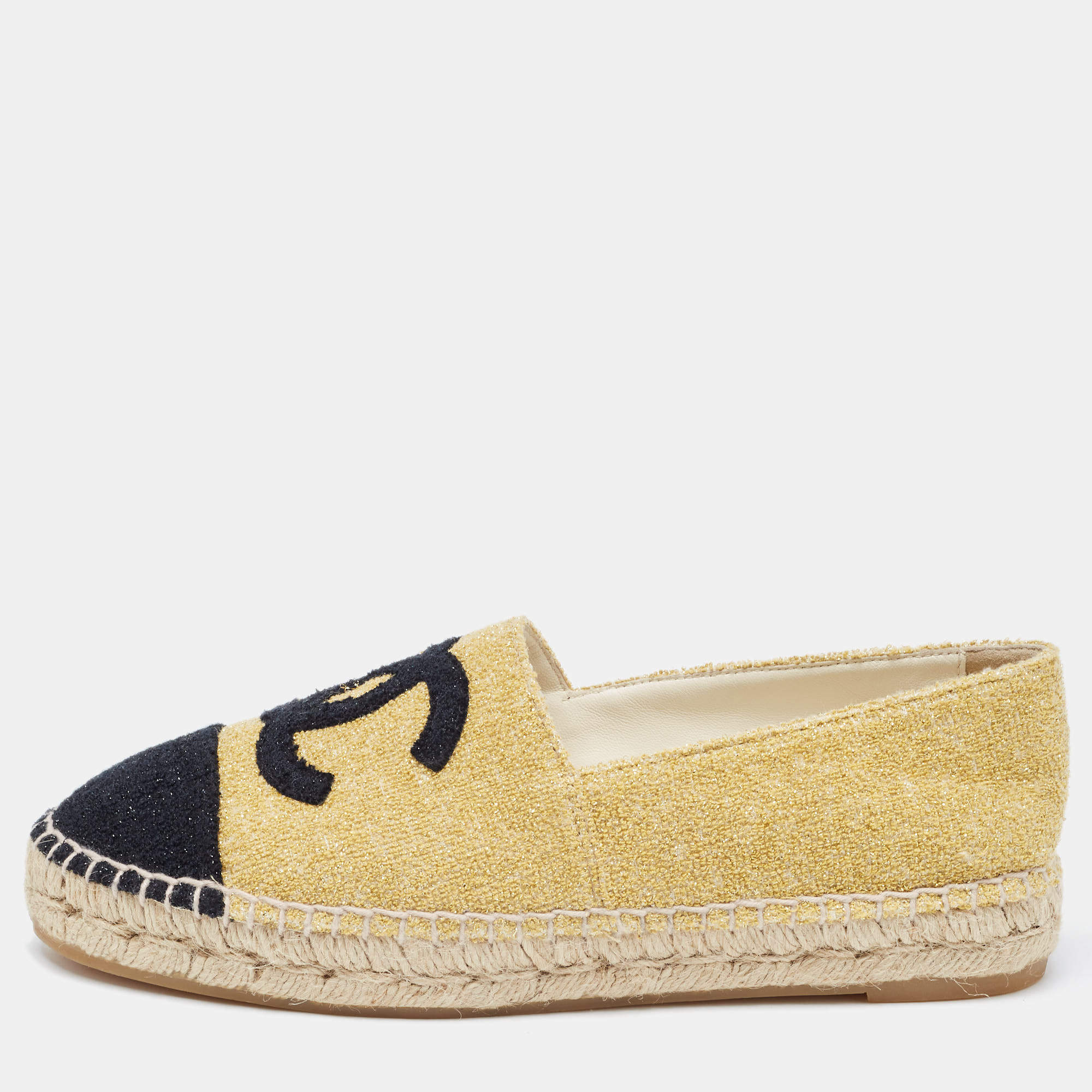 Pre Owned Chanel Gold/Black Glitter Fabric CC Espadrille Flats Size 38
