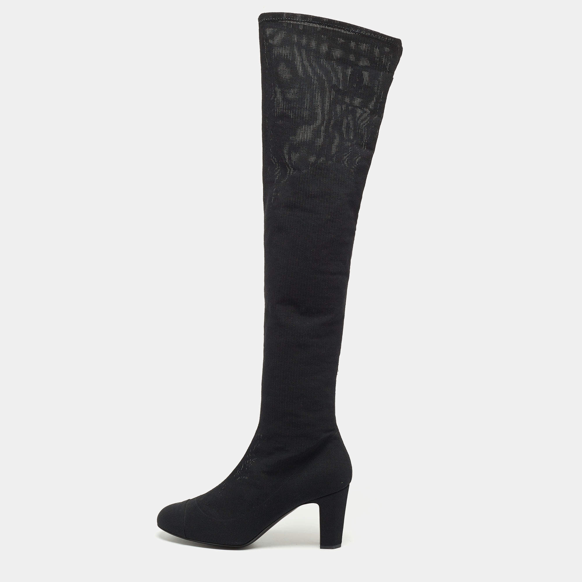 Chanel Black Mesh Knee Length Boots Size 41