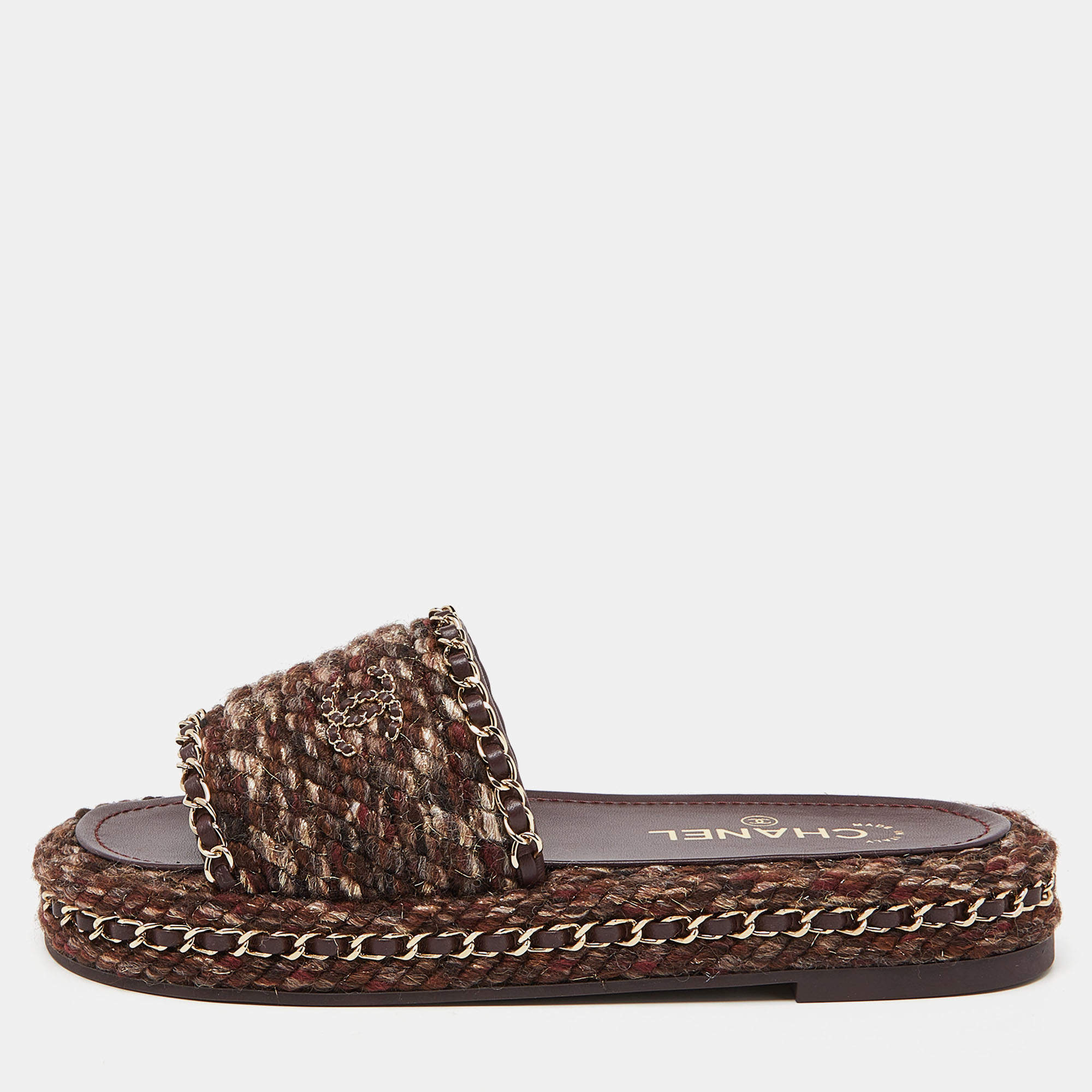 Pre Owned Chanel Burgundy Tweed and Leather Chain Detail Slide Sandals Size 38