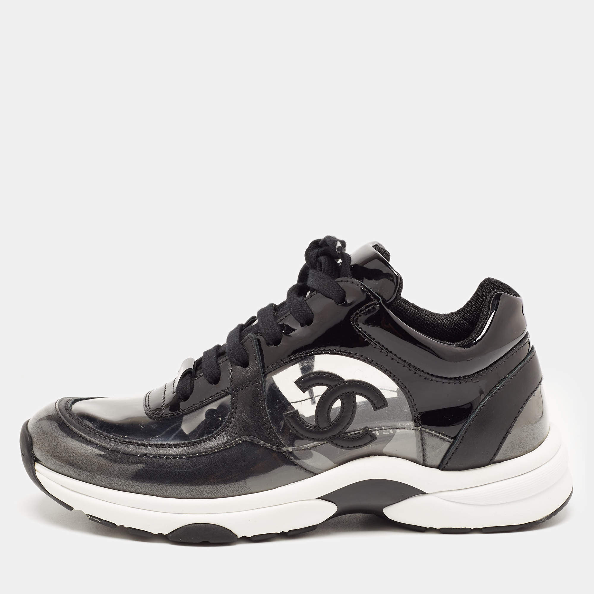 Pre Owned Chanel Black PVC and Leather CC Low Top Sneakers Size 35.5
