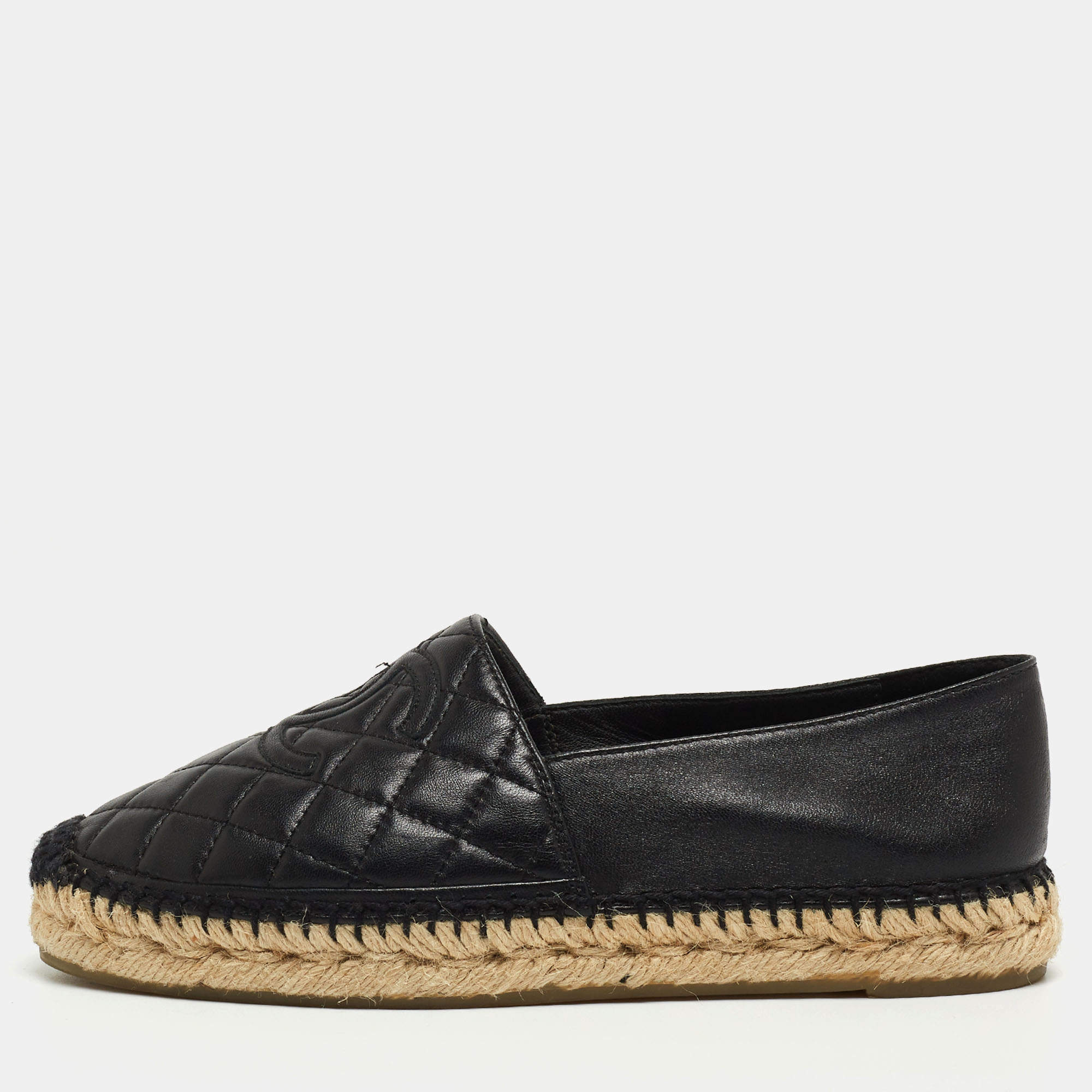 Pre Owned Chanel Black Quilted Leather CC Espadrille Flats Size 37