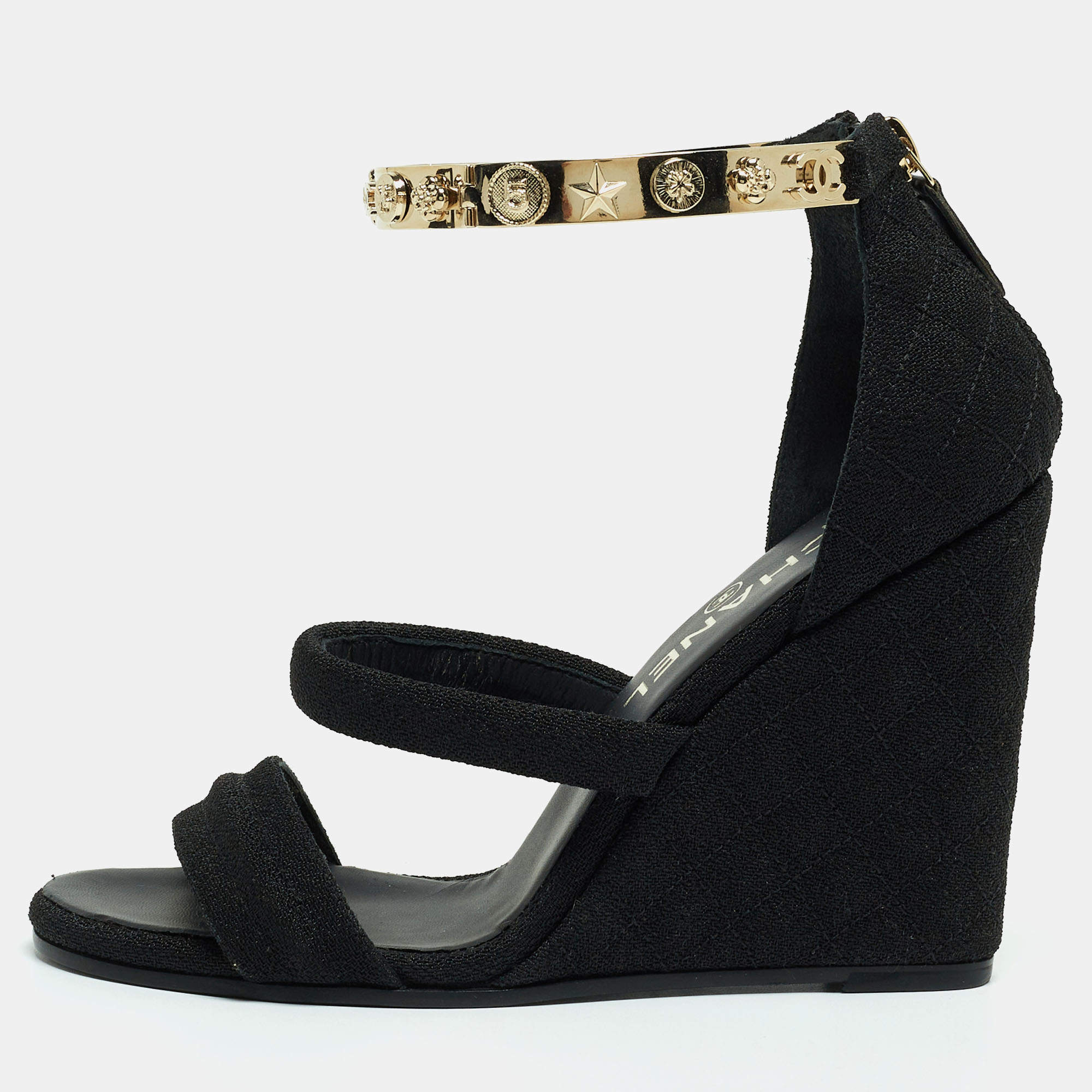 Chanel Black Canvas Logo Lucky Charms Wedge Quilted Pattern Sandals Size 37.5