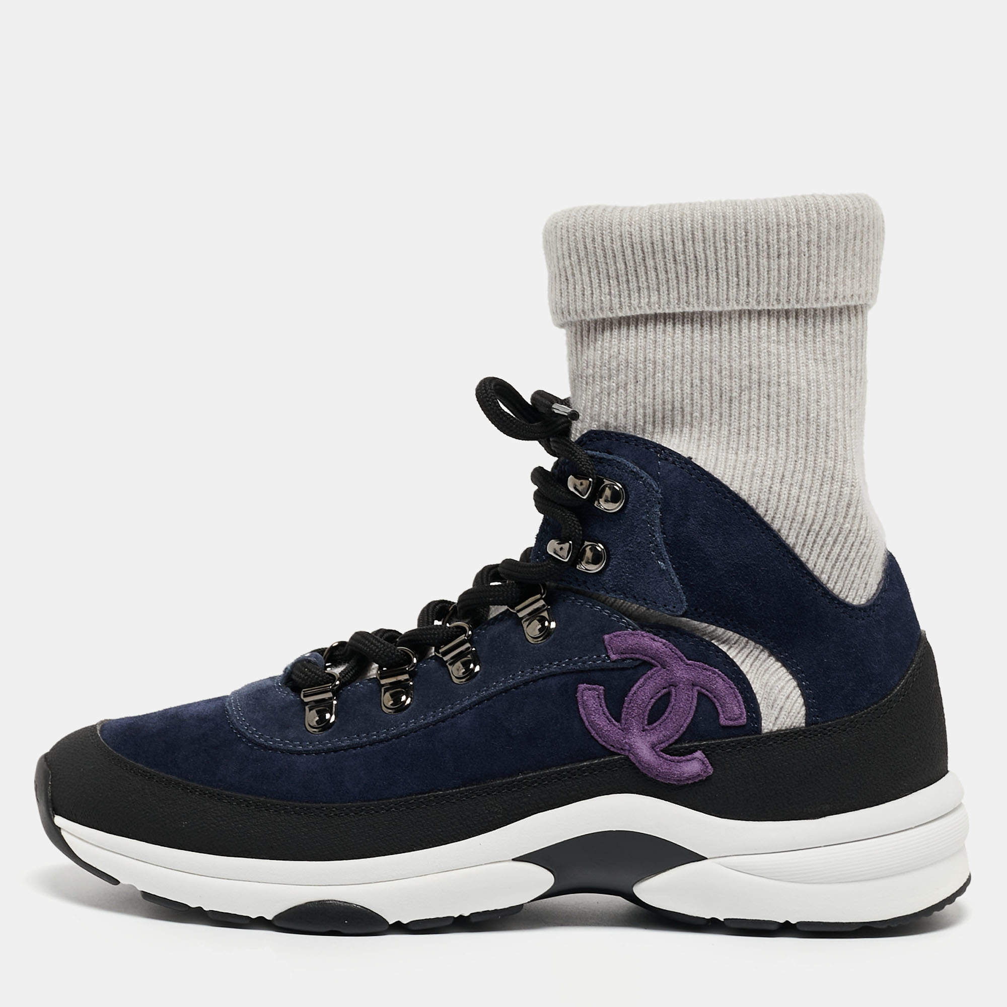 Pre Owned Chanel Navy Blue Suede and Leather Interlocking CC Logo Sock Sneakers Size 38