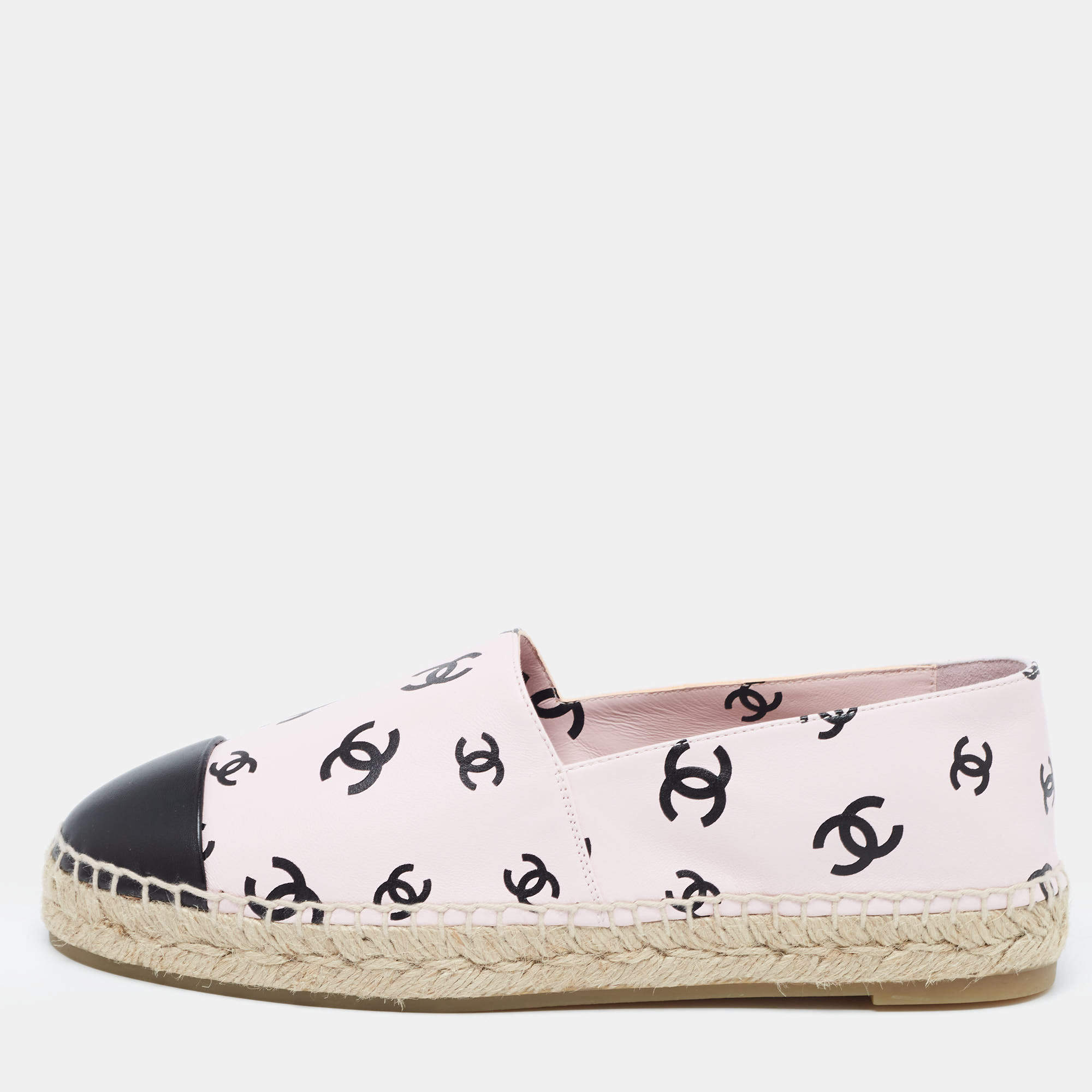 Chanel Pink/Black CC Print Leather Espadrille Flats Size 41