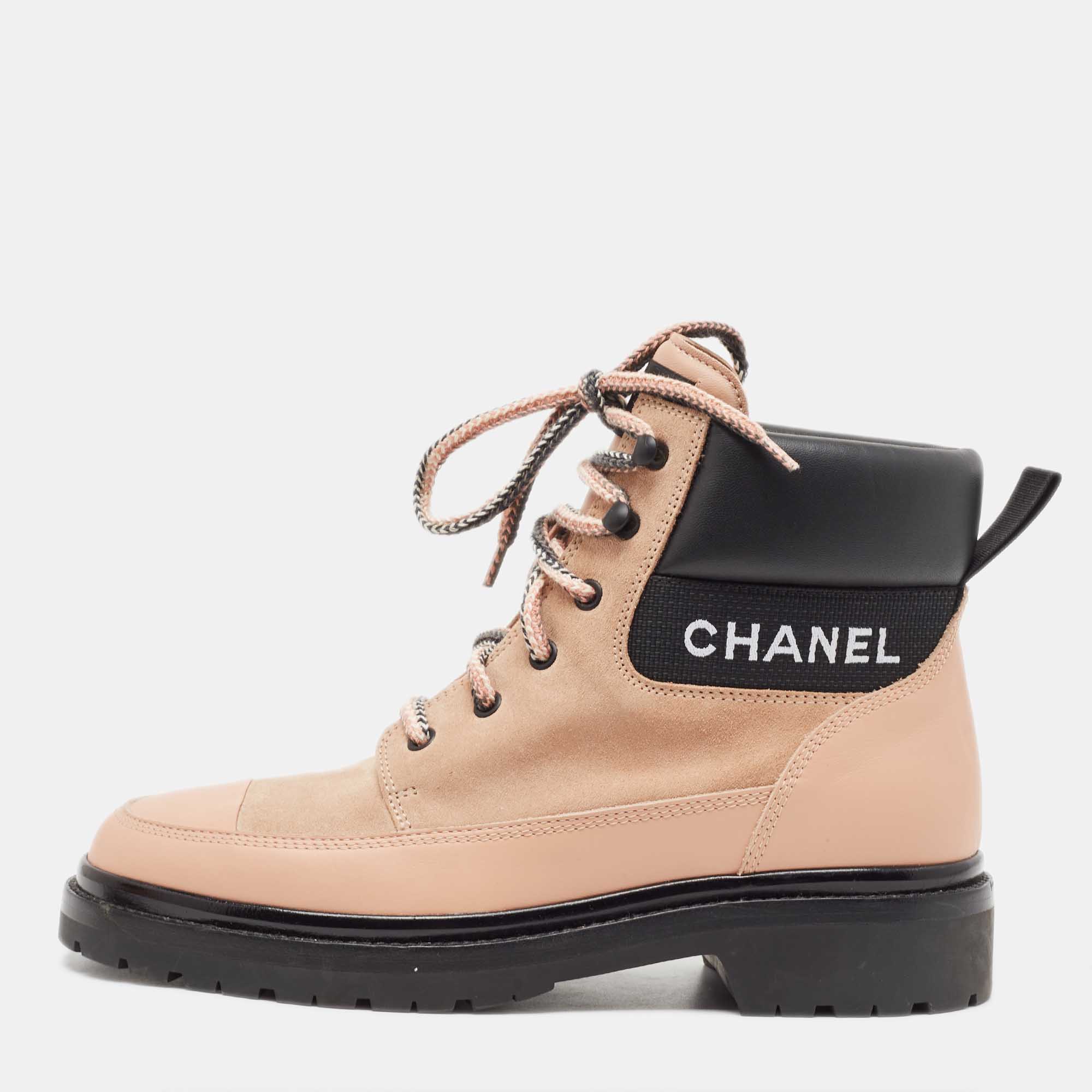 Chanel Pink/Black Leather and Suede Lace Up Ankle Boots Size 41
