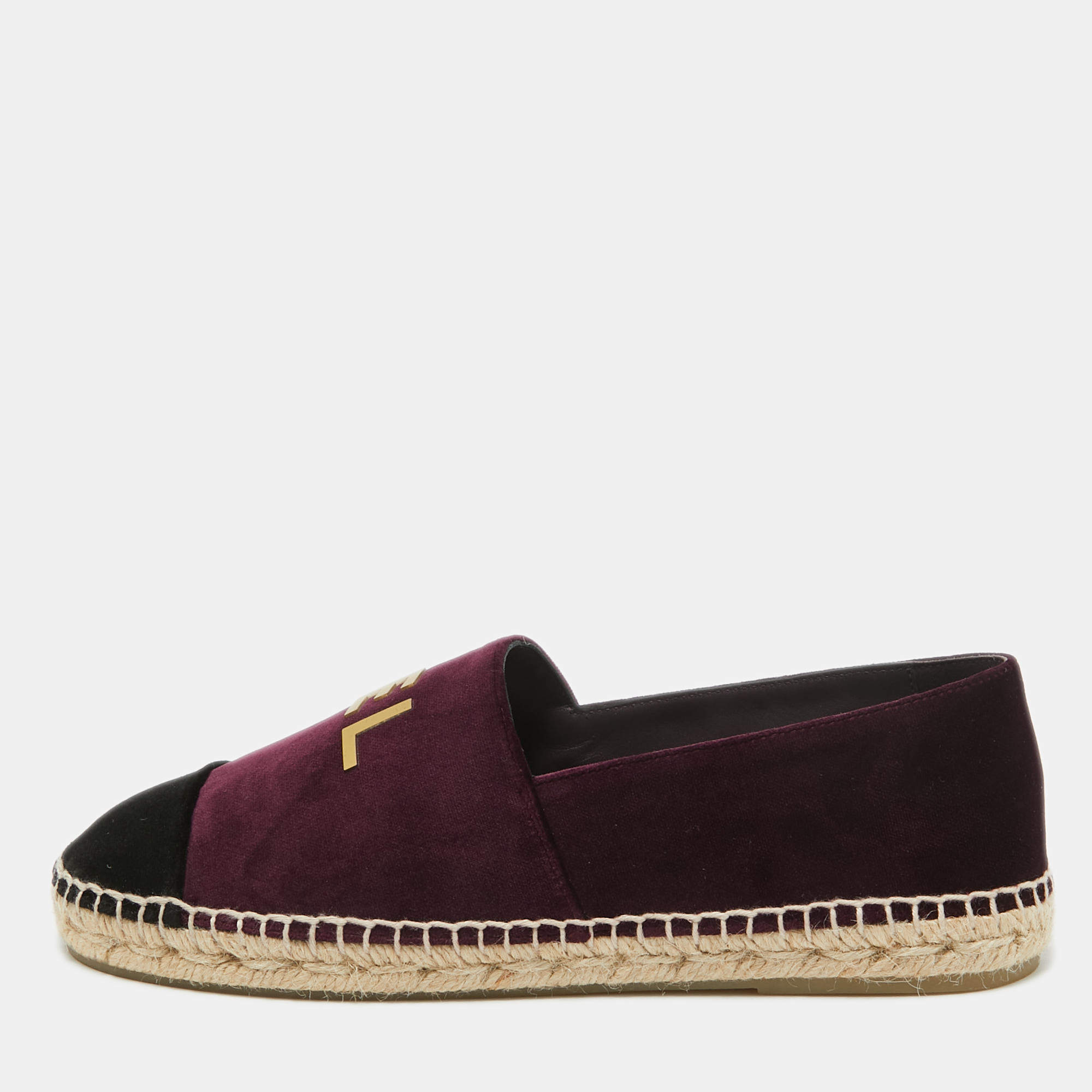 Pre Owned Chanel Burgundy/Black Velvet Logo Detail Cap Toe Espadrilles Size 39