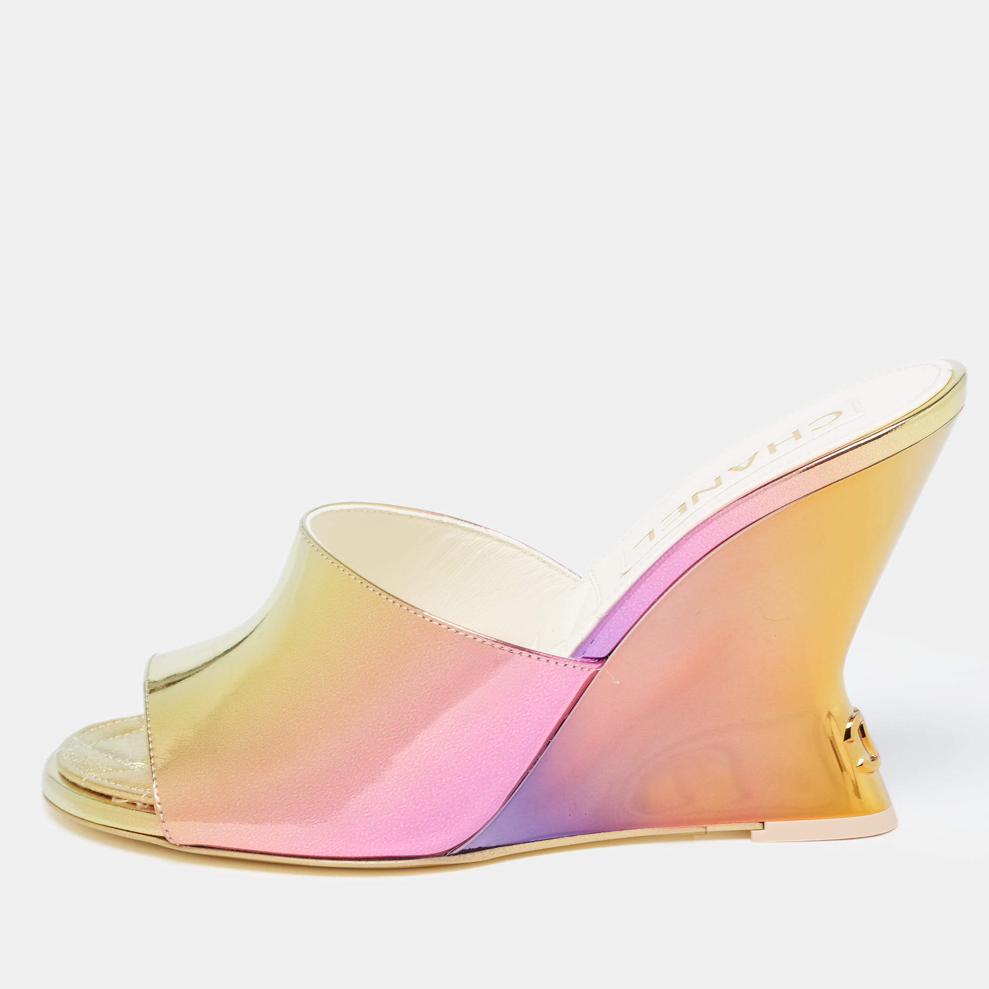 Chanel Multicolor Mirror Leather CC Wedge Open Toe Slide Sandals Size 38