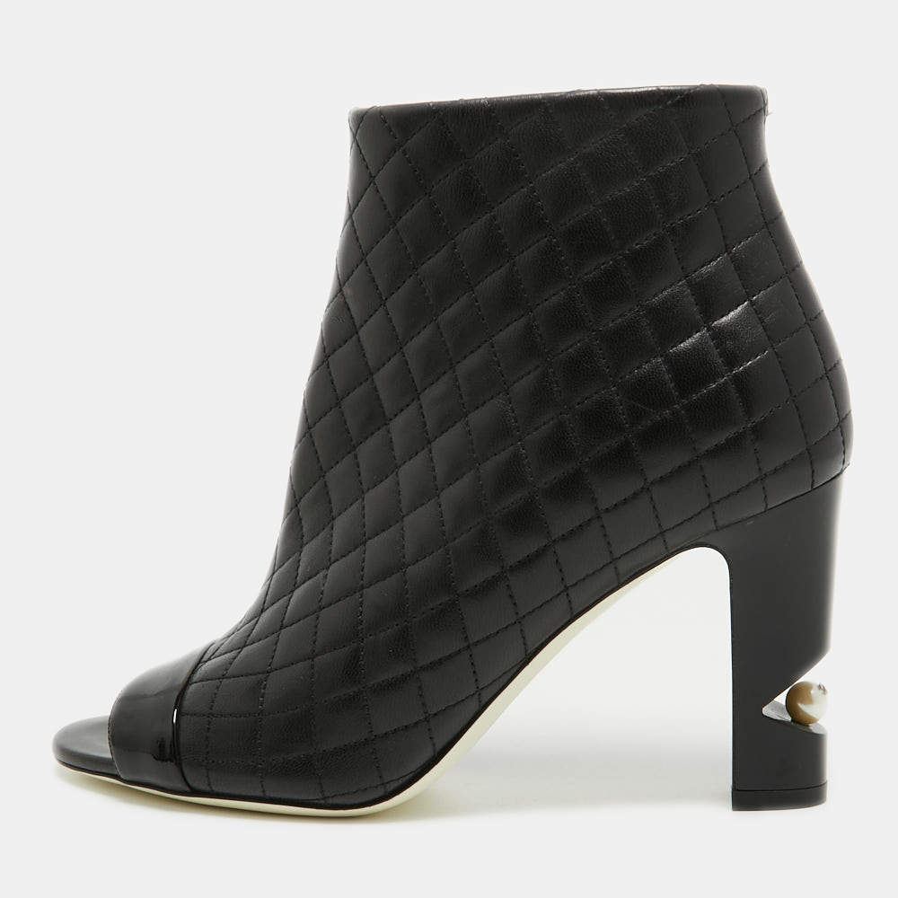 Chanel Black Quilted Leather and Patent Open Toe Ankle Booties Size 38.5