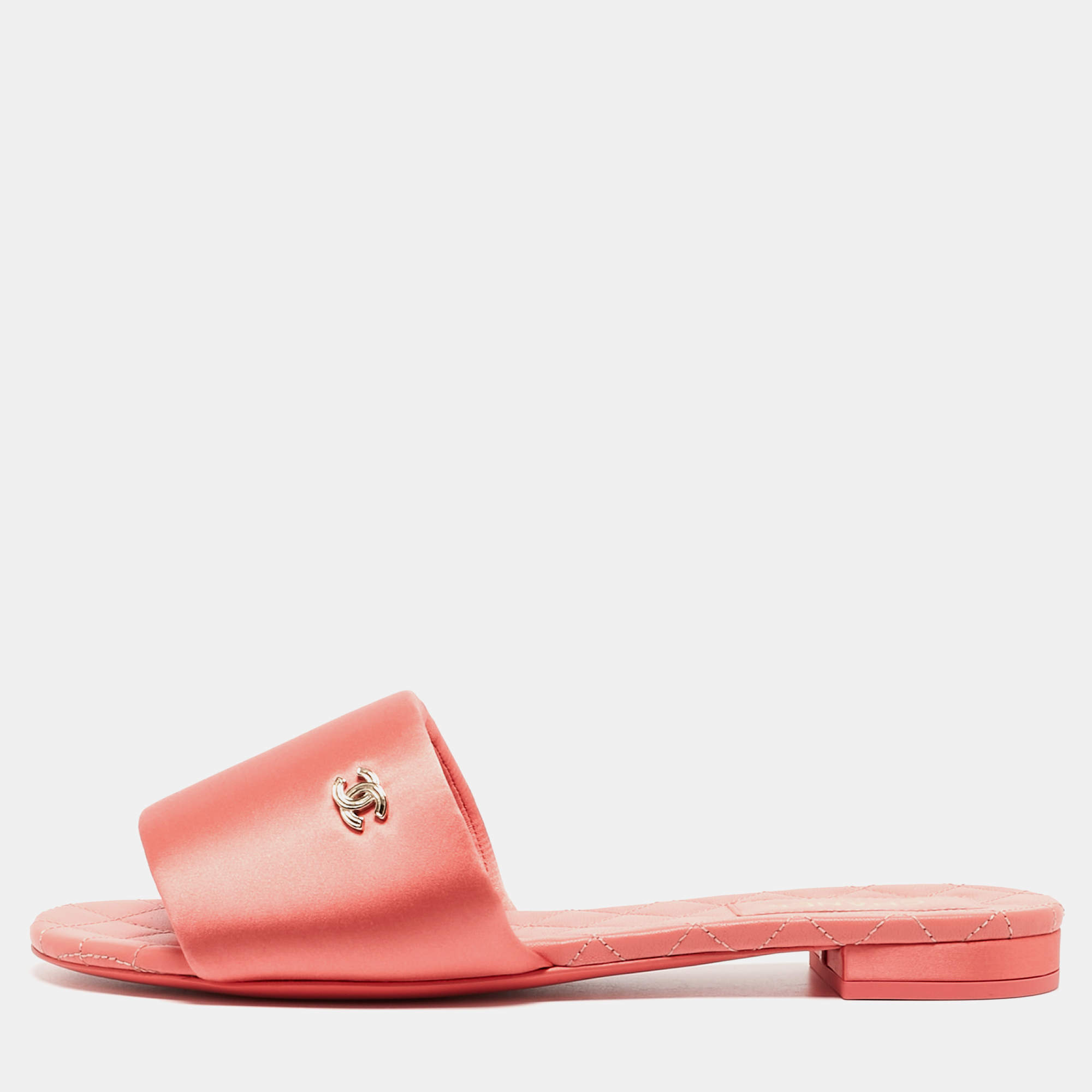 Chanel Pink Satin CC Flat Slides Size 40