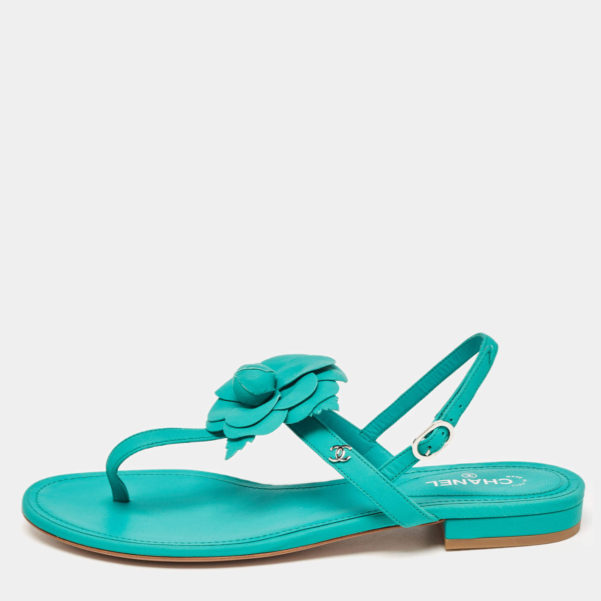 Chanel Green Leather Camellia Thong Sandals Size 40