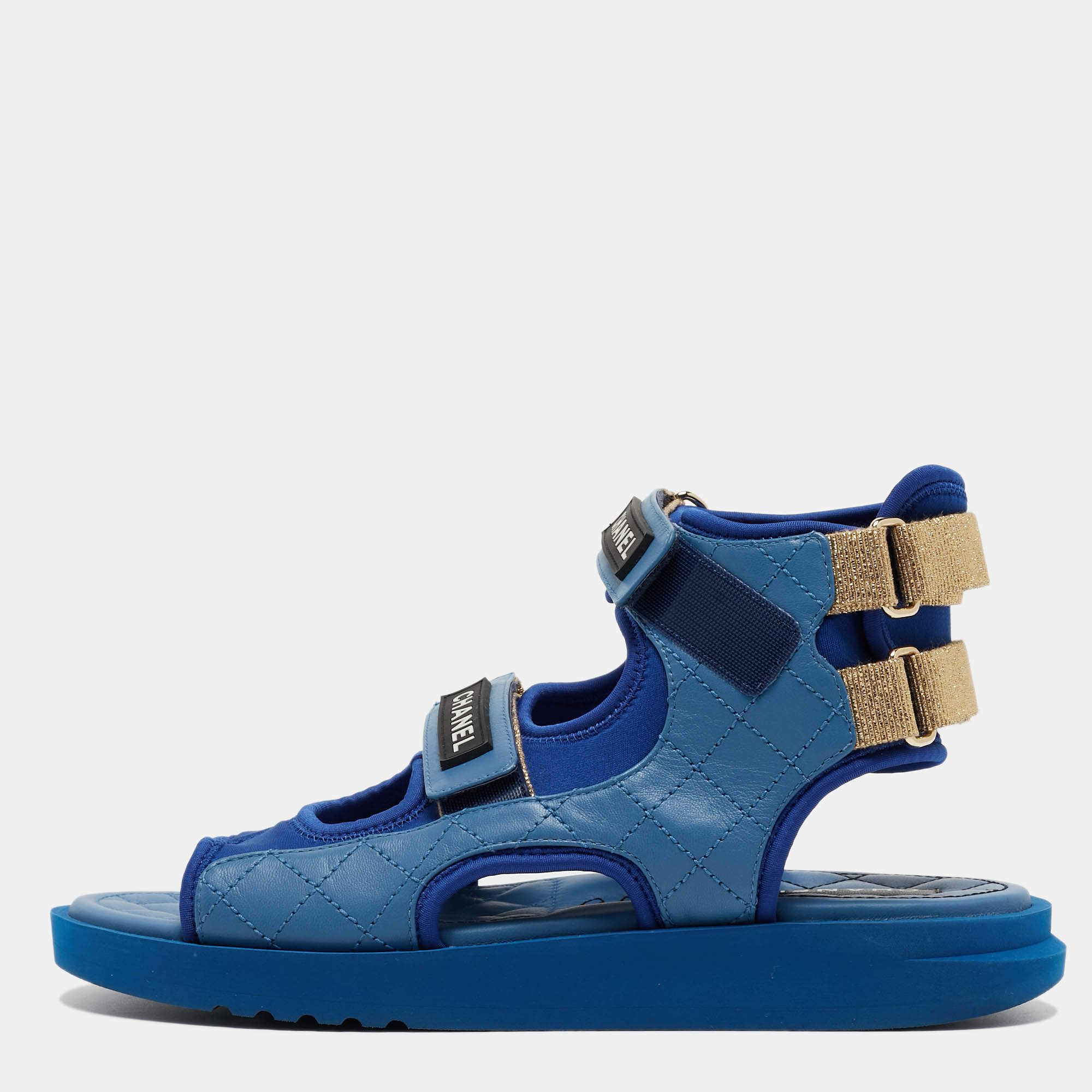 Chanel Blue Quilted Leather and Neoprene CC Ankle Strap Flat Sandals Size 40