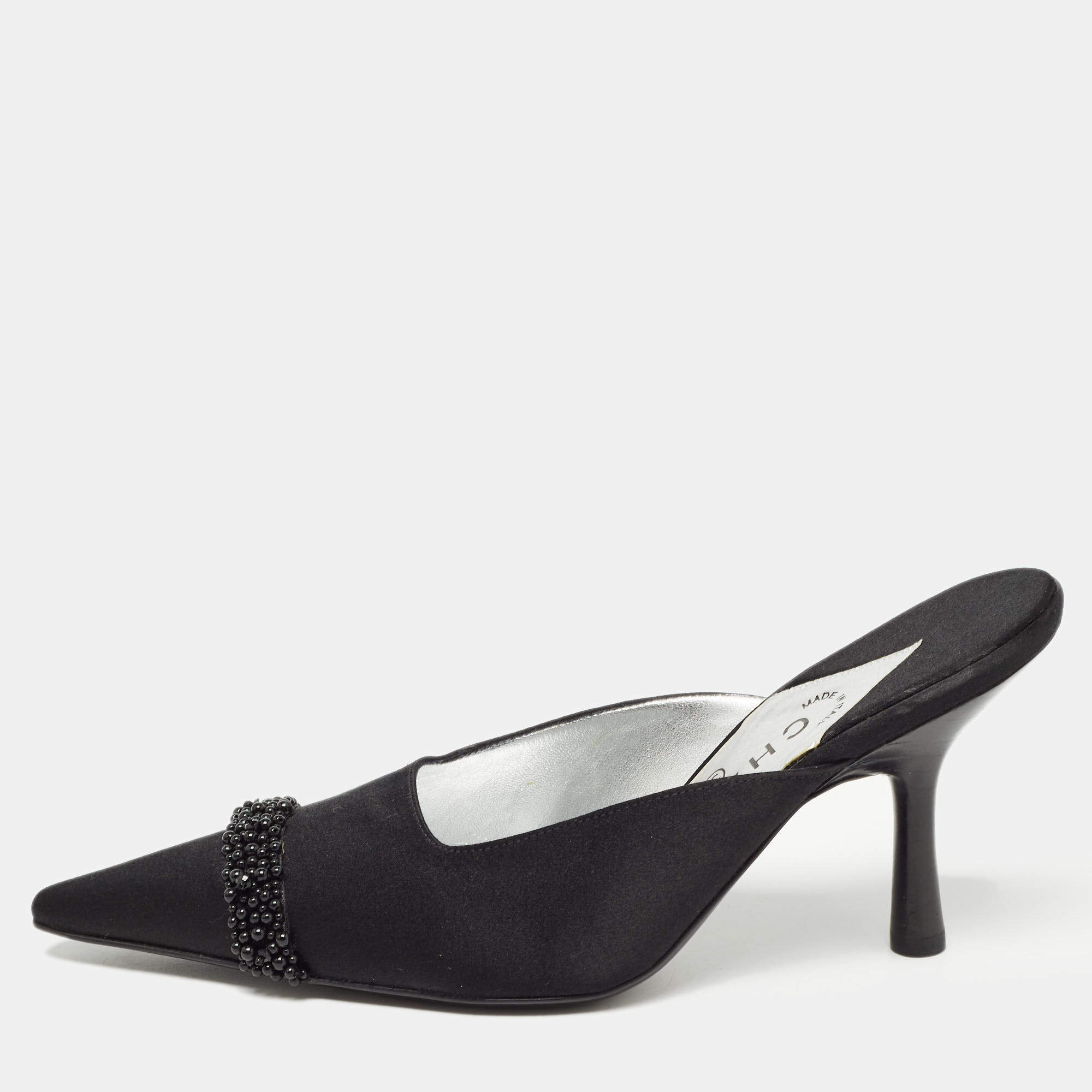 Chanel Black Satin Cap Toe Mules  Size 37