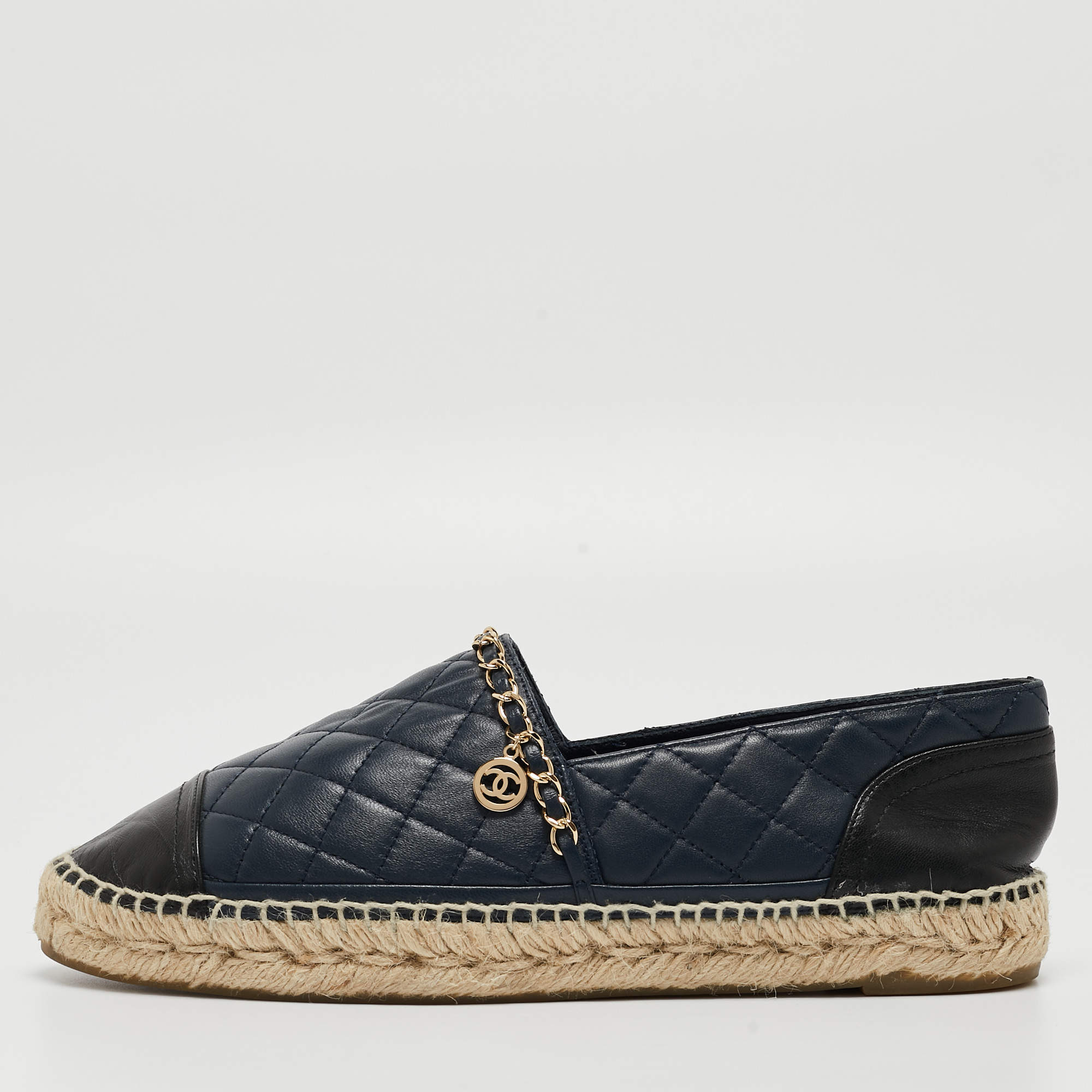 Chanel Blue Quilted Leather Chain-Link CC Espadrille Flats Size 41