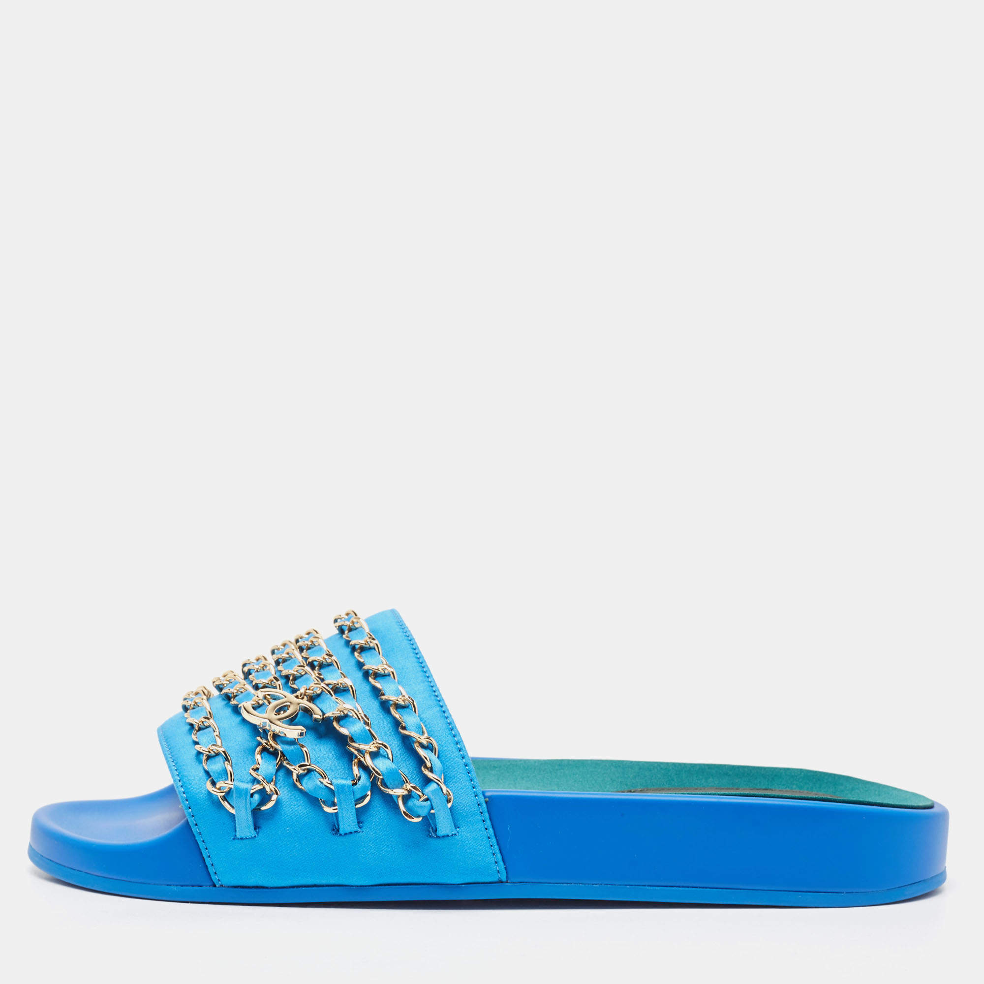 Pre Owned Chanel Blue Satin Tropiconic Chain Detail Flat Slides Size 38 