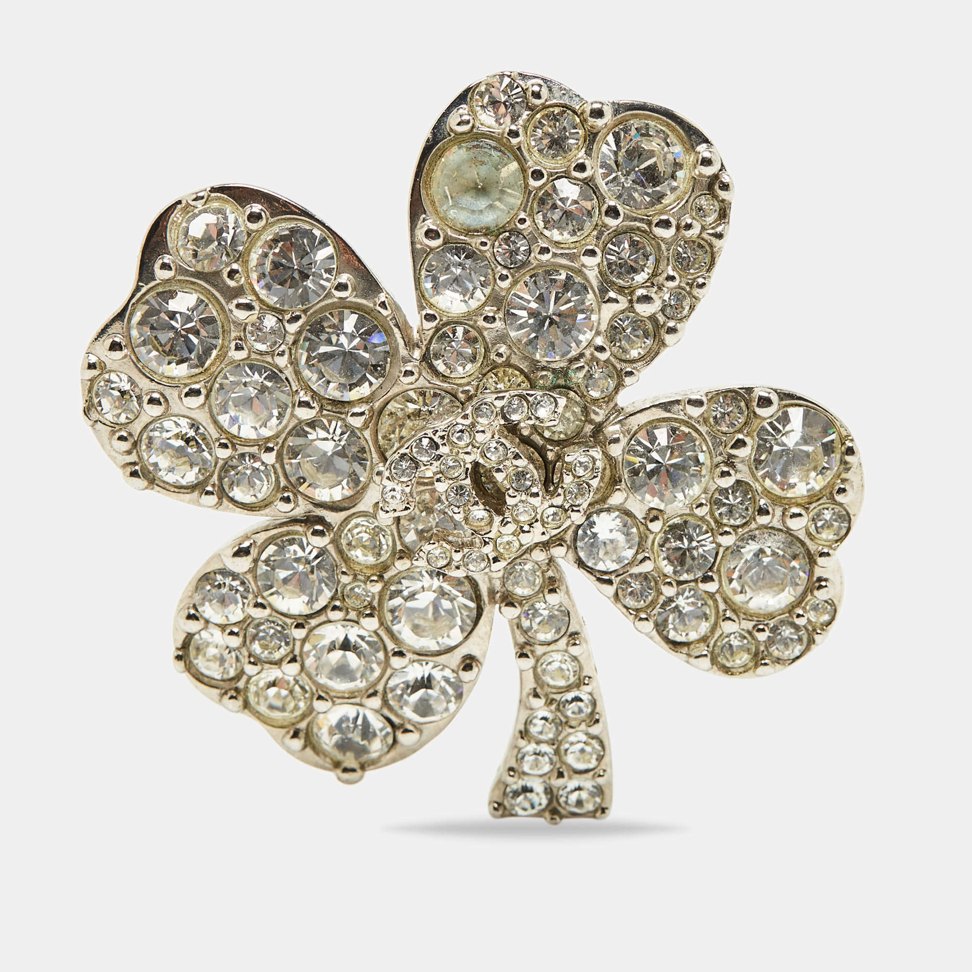 Chanel CC Clover Crystals Silver Tone Brooch